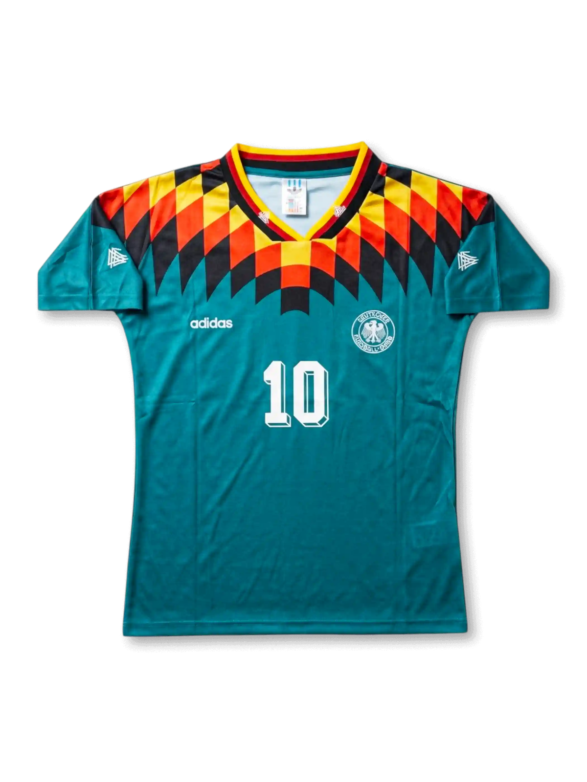 front view of Germany 1994 World Cup away shirt with teal body, black red and yellow shoulder graphics, adidas logo, Germany crest, and front number 10