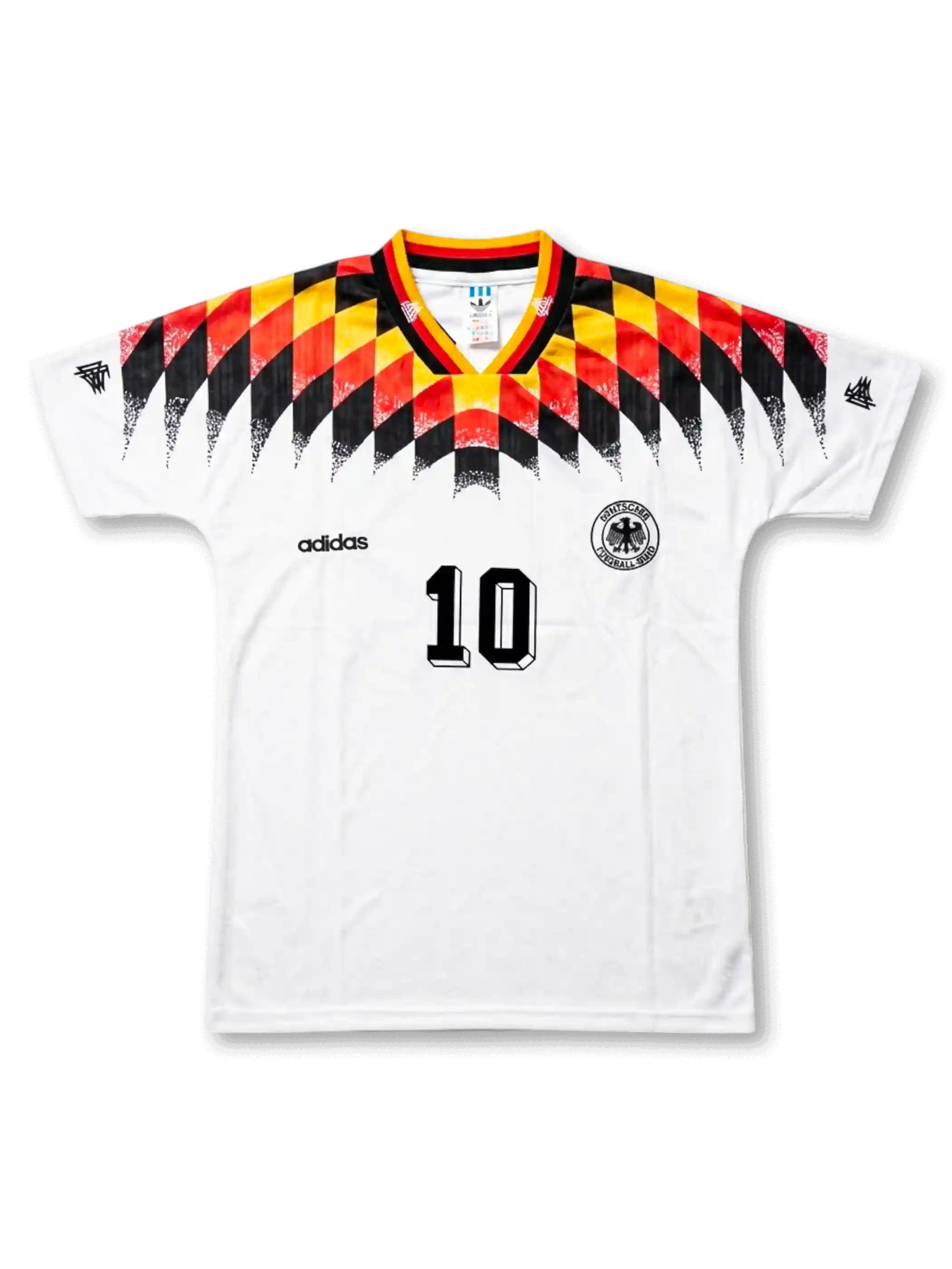 front view of Germany 1994 World Cup home shirt with white body, black red and yellow shoulder graphics, adidas logo, Germany crest, and front number 10