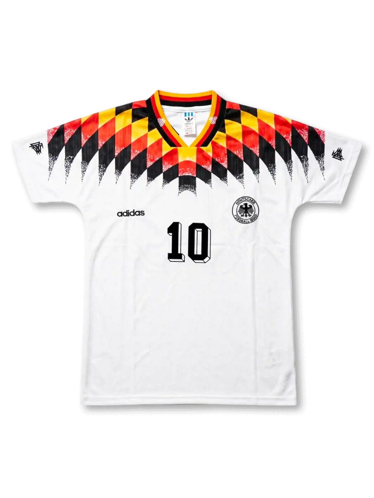 front view of Germany 1994 World Cup home shirt with white body, black red and yellow shoulder graphics, adidas logo, Germany crest, and front number 10