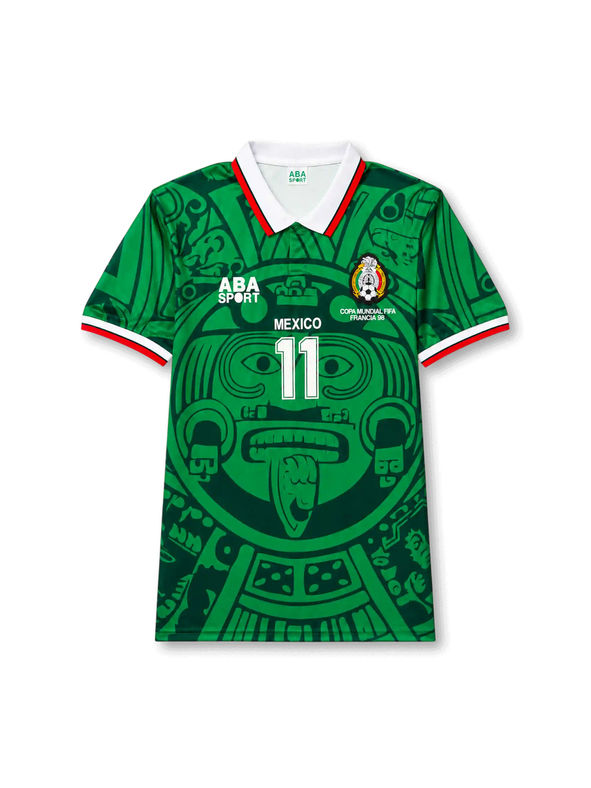 front view of Mexico 1998 World Cup home shirt with green Aztec-inspired body graphic, white collar, Mexico crest, ABA Sport branding, and front number 11