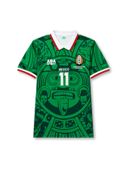 front view of Mexico 1998 World Cup home shirt with green Aztec-inspired body graphic, white collar, Mexico crest, ABA Sport branding, and front number 11
