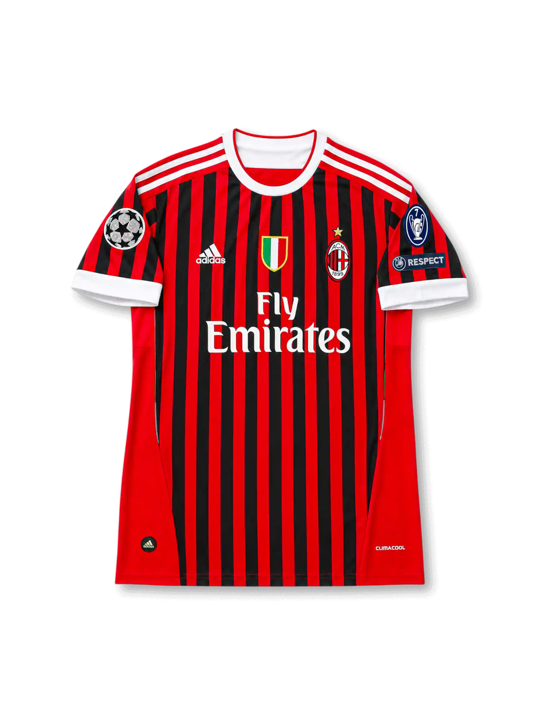 front view of AC Milan 2011-12 home shirt with red and black stripes, Fly Emirates sponsor, Scudetto shield, club crest, Champions League patch, and UEFA Respect patch