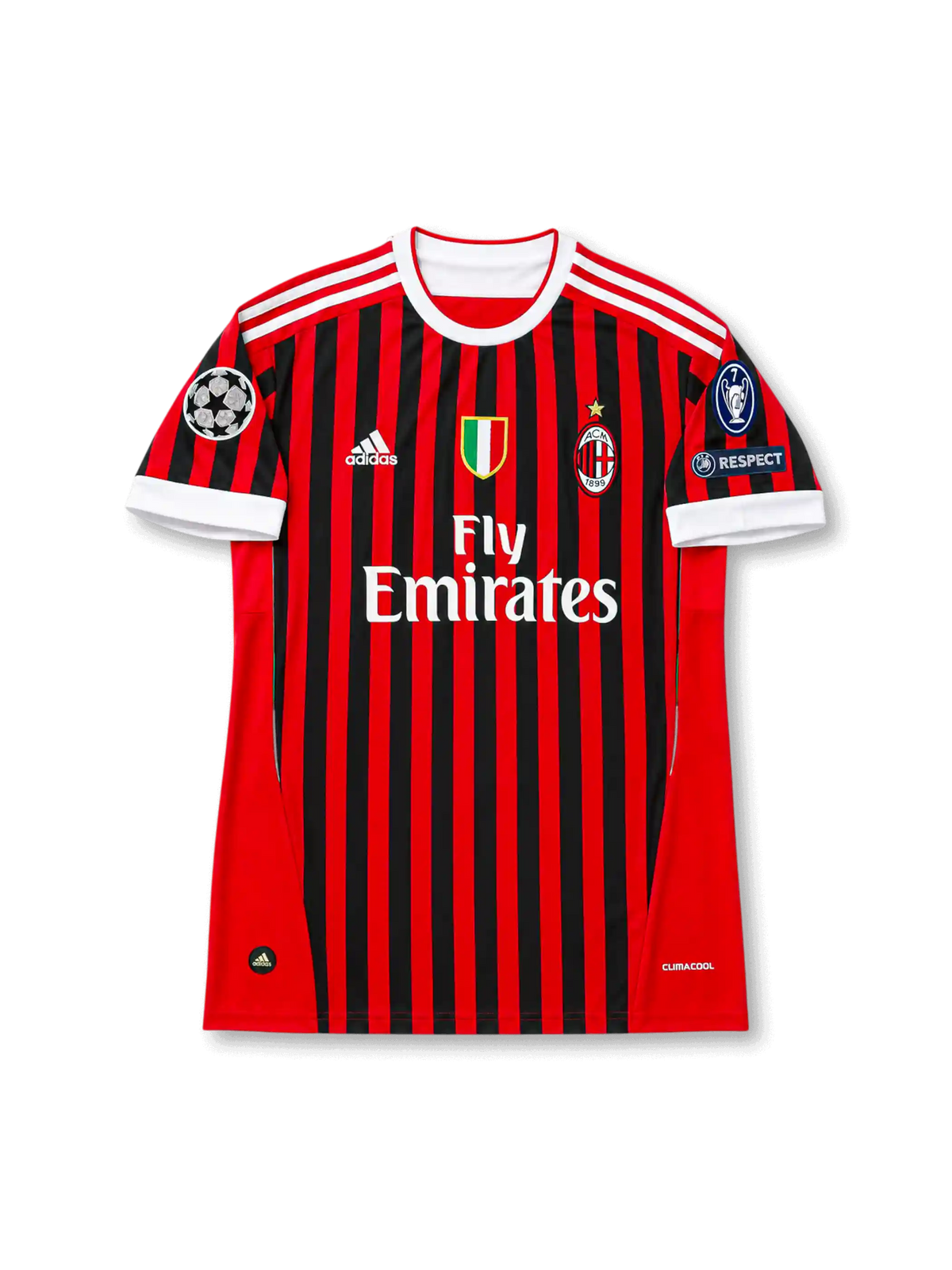 front view of AC Milan 2011-12 home shirt with red and black stripes, Fly Emirates sponsor, Scudetto shield, club crest, Champions League patch, and UEFA Respect patch