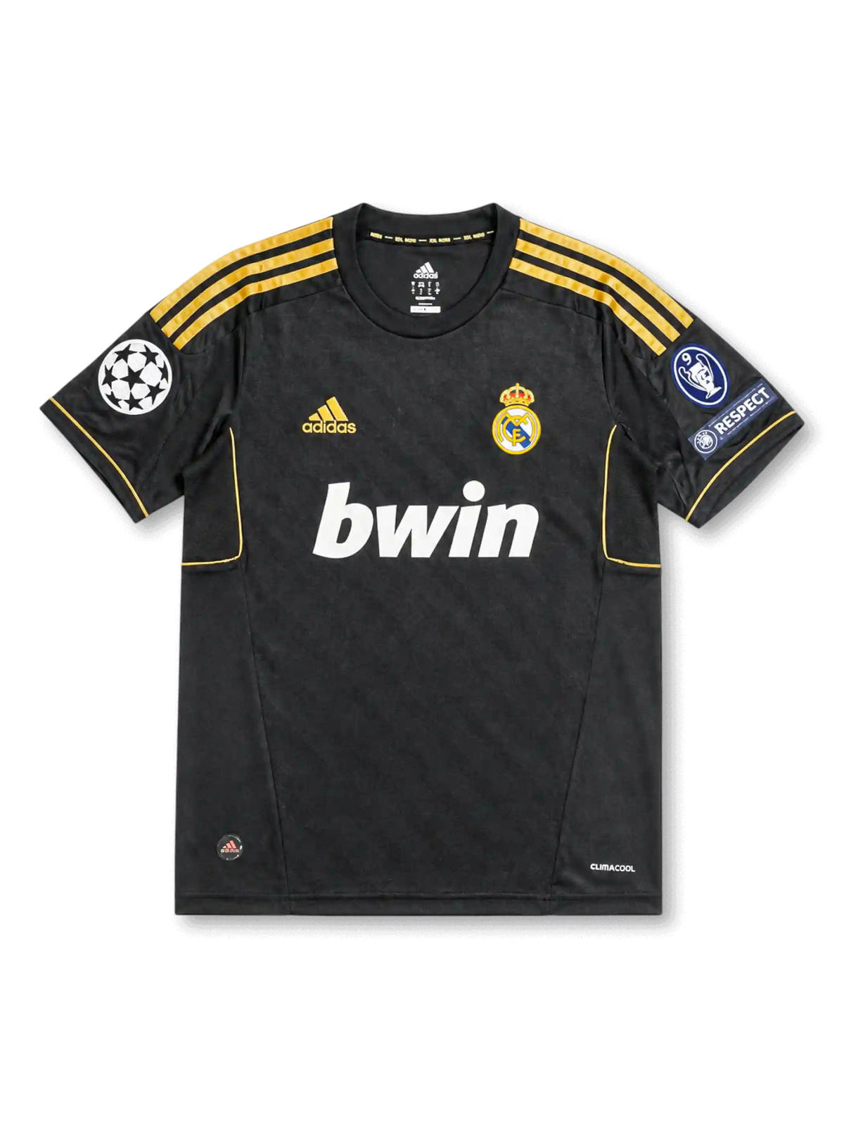 front view of Real Madrid 2011-12 away shirt with black body, gold adidas stripes, bwin sponsor, Real Madrid crest, Champions League patch, and UEFA Respect patch