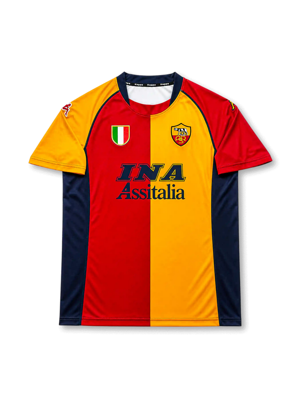 front view of AS Roma 2001-02 home shirt with red and gold split design, INA Assitalia sponsor, AS Roma crest, Scudetto shield, and Kappa sleeve details