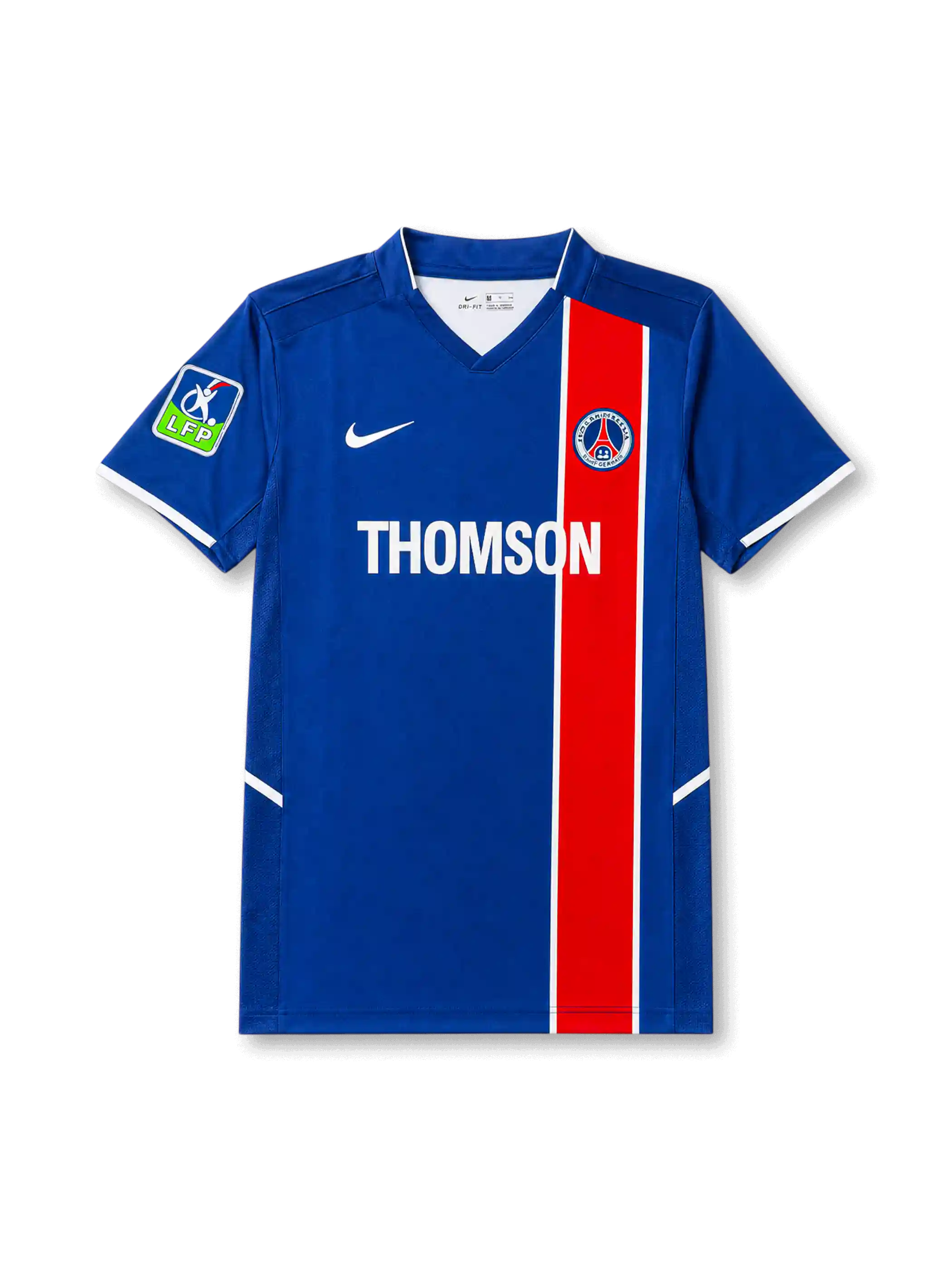 front view of Paris Saint-Germain 2002-03 home shirt with blue body, red center stripe, Thomson sponsor, PSG crest, Nike logo, and LFP sleeve patch