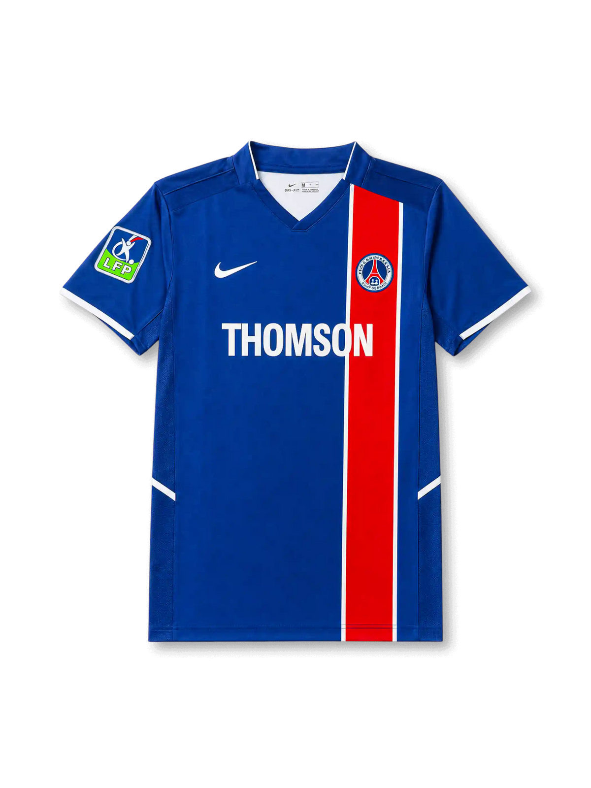 front view of Paris Saint-Germain 2002-03 home shirt with blue body, red center stripe, Thomson sponsor, PSG crest, Nike logo, and LFP sleeve patch
