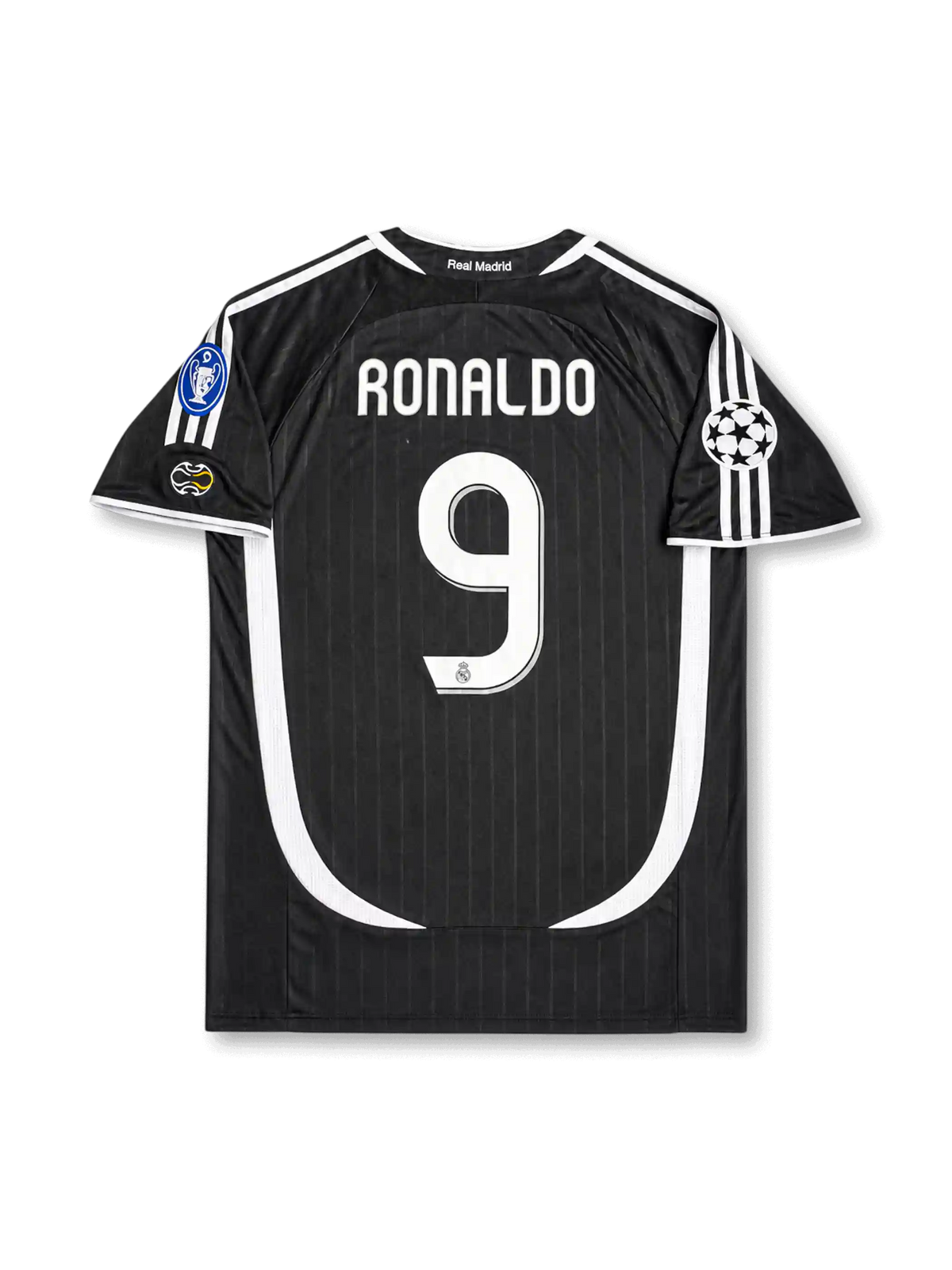 back view of Real Madrid 2006-07 away shirt with Ronaldo name, white number 9, black body, white curved side paneling, and Champions League sleeve patch