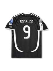 back view of Real Madrid 2006-07 away shirt with Ronaldo name, white number 9, black body, white curved side paneling, and Champions League sleeve patch