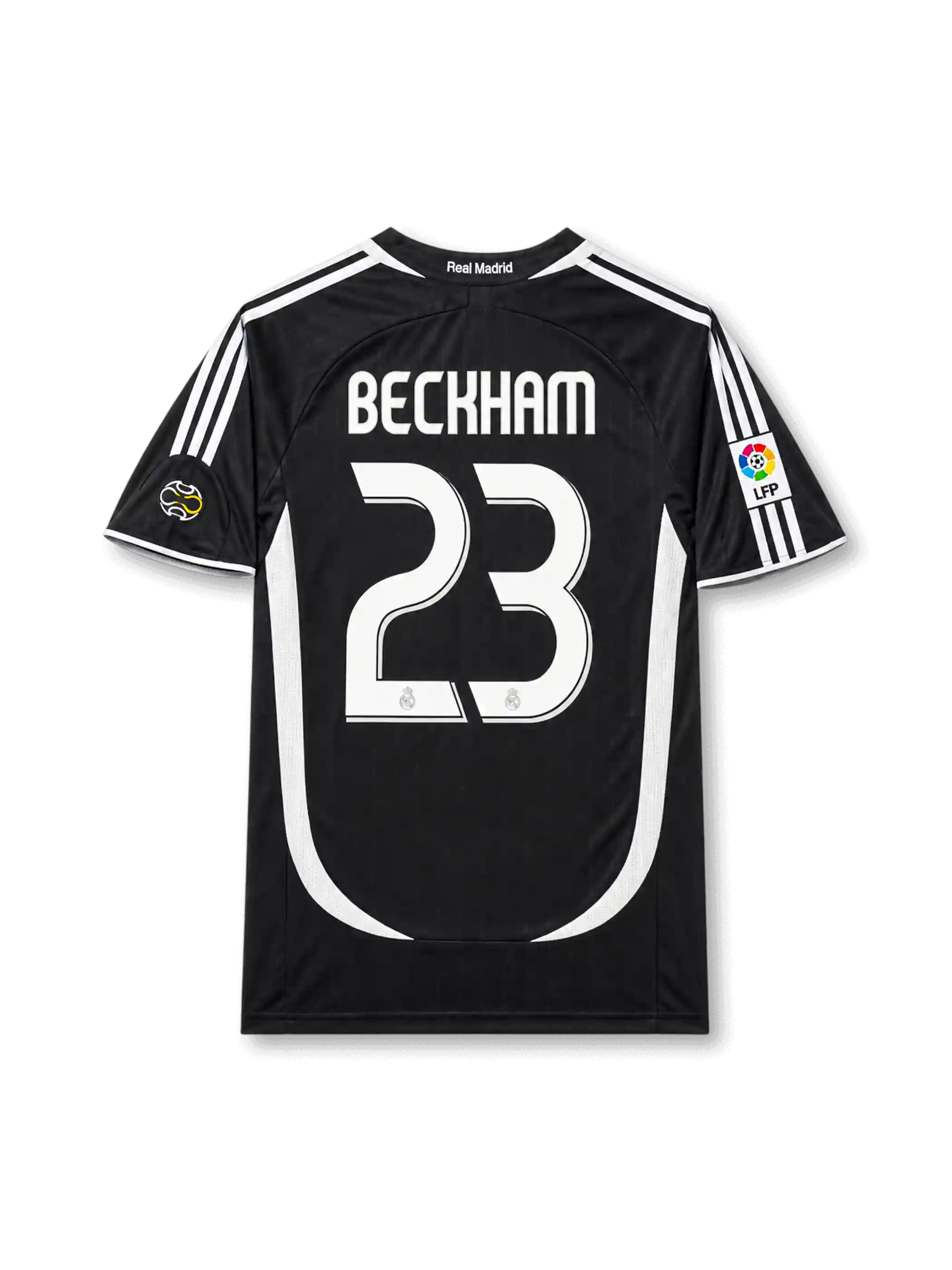 back view of Real Madrid 2006-07 away shirt with Beckham name, white number 23, black body, white curved side paneling, and La Liga sleeve patch