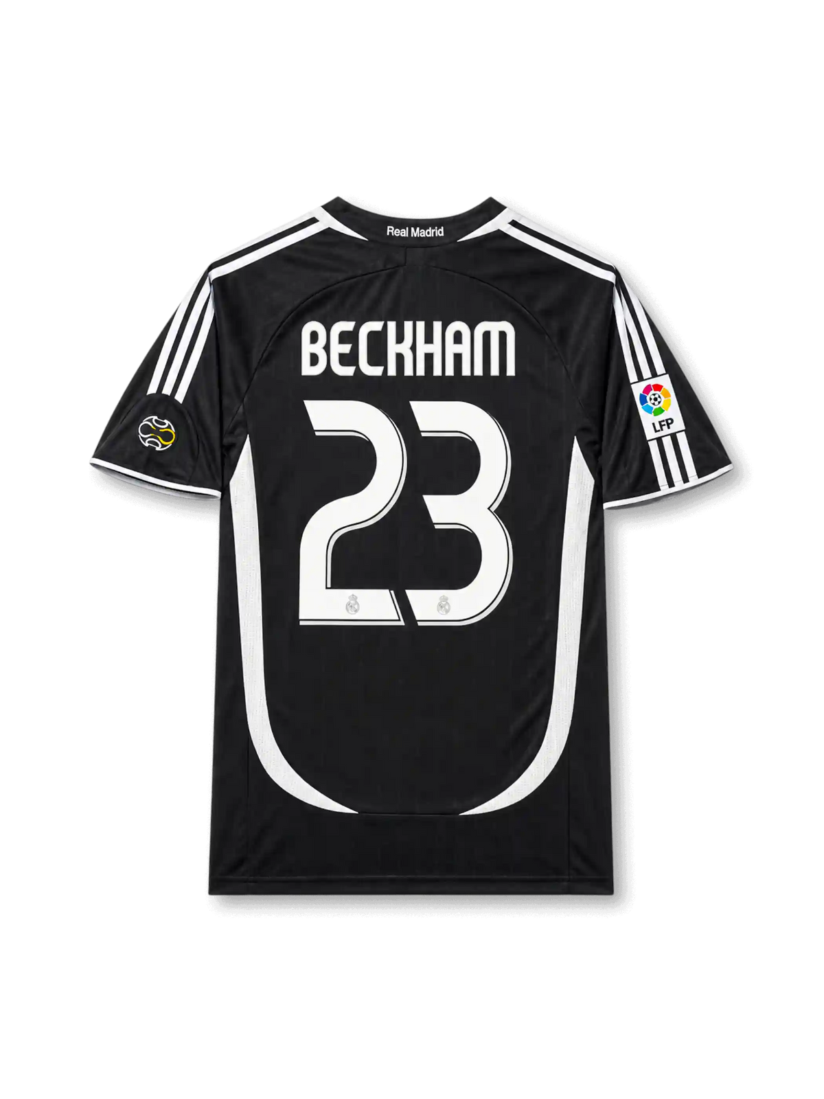 back view of Real Madrid 2006-07 away shirt with Beckham name, white number 23, black body, white curved side paneling, and La Liga sleeve patch