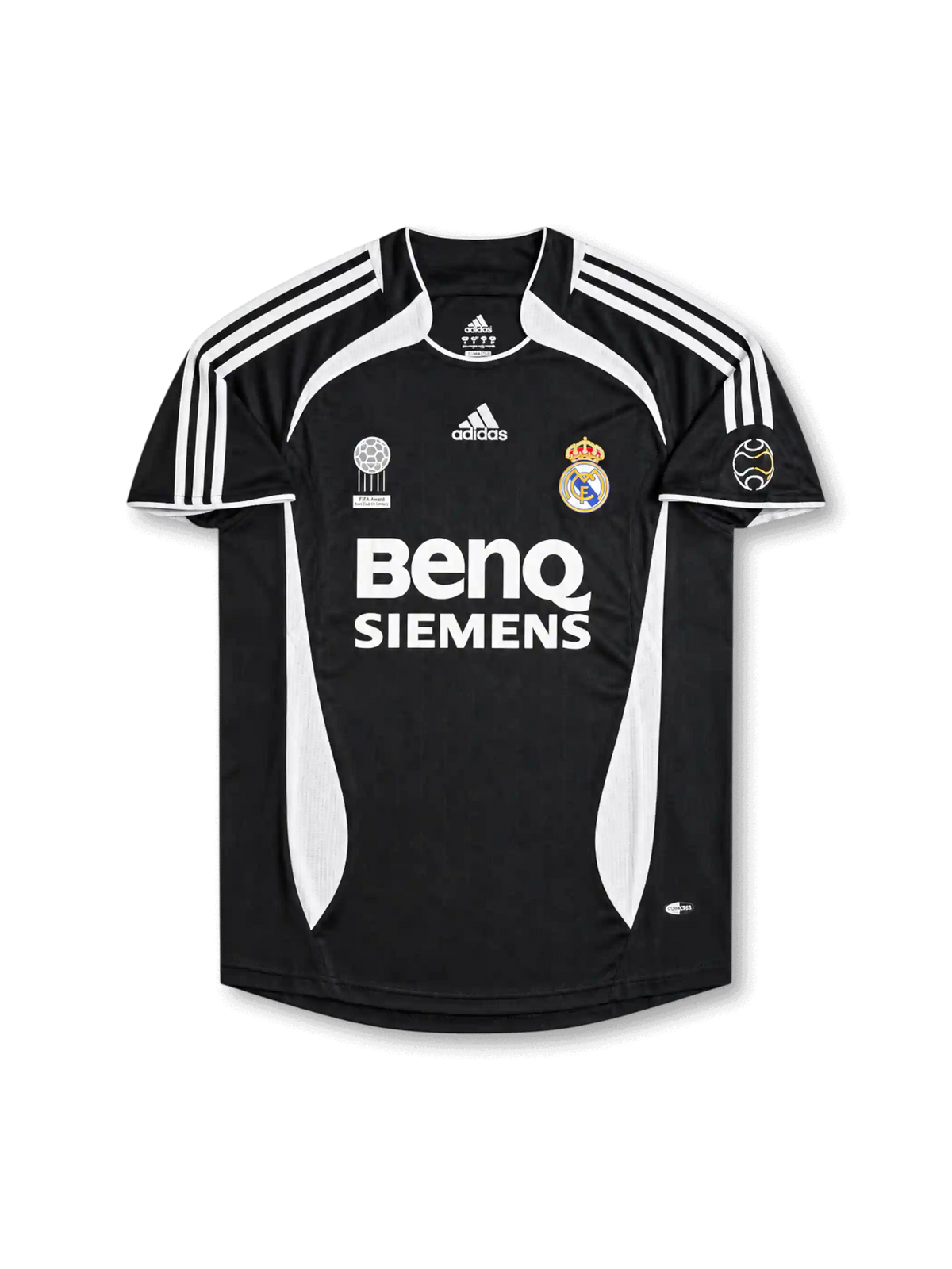 Real Madrid 2006-07 away jersey featuring David Beckham #23, black adidas soccer shirt with white three-stripe shoulder detailing, curved white side panels, white-trimmed crew neck collar, BenQ Siemens sponsor logo, Real Madrid club crest, FIFA Best Club of the 20th Century commemorative badge, and BECKHAM name with white number 23 on the back.