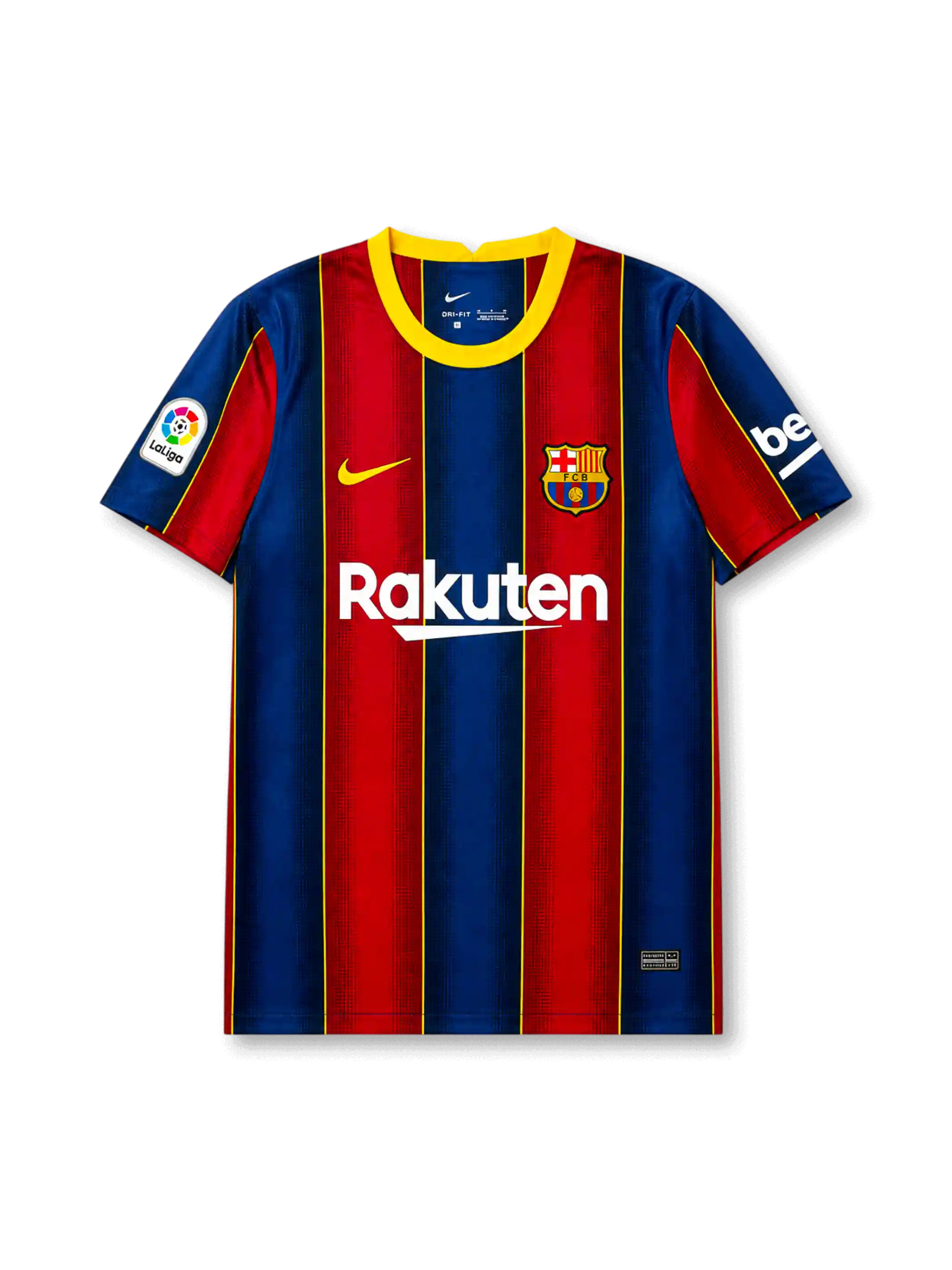 front view of Barcelona 2020-21 home shirt with blue and red vertical stripes, yellow trim, Rakuten sponsor, Barcelona crest, Nike logo, and La Liga sleeve patch