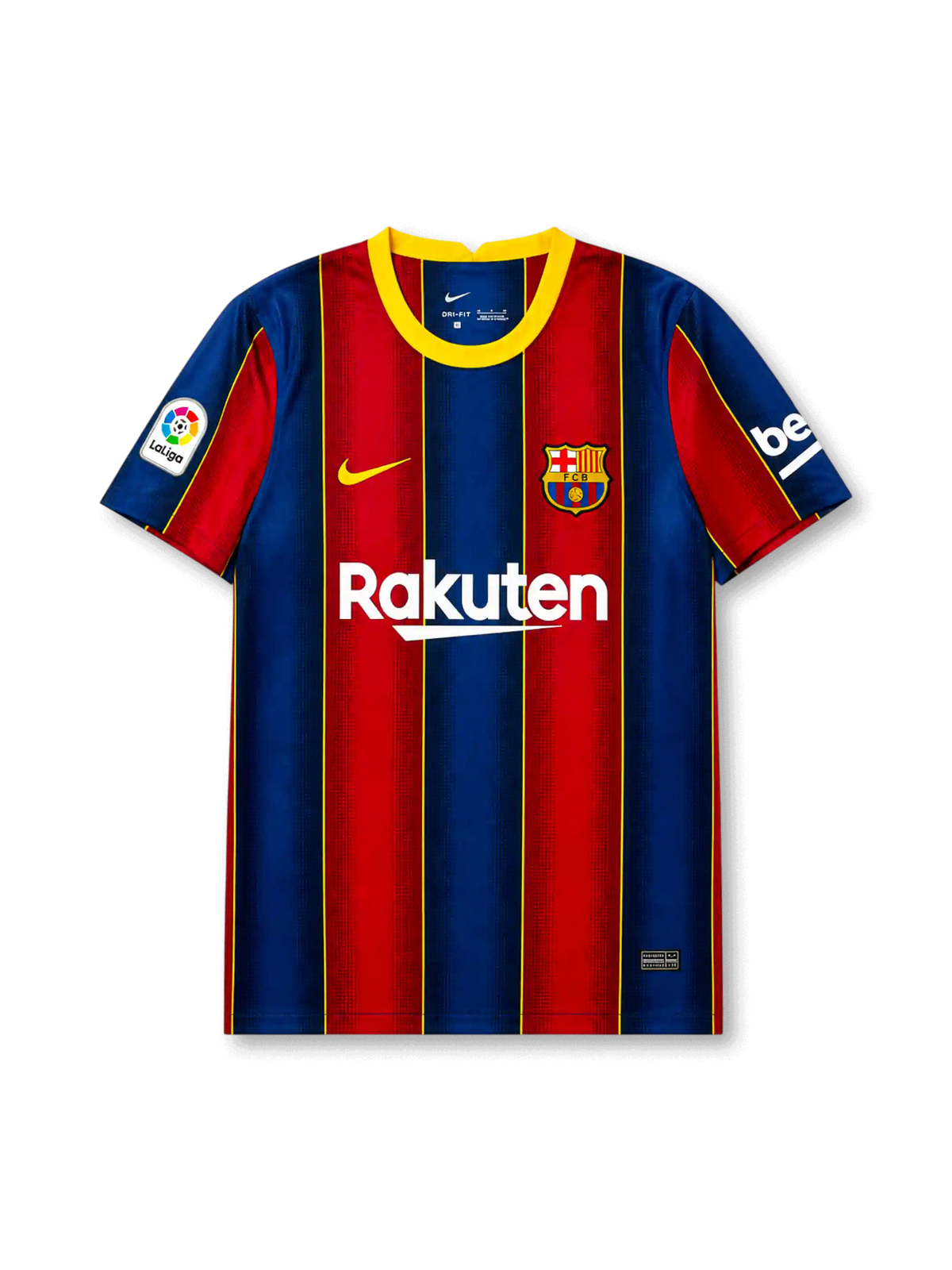front view of Barcelona 2020-21 home shirt with blue and red vertical stripes, yellow trim, Rakuten sponsor, Barcelona crest, Nike logo, and La Liga sleeve patch