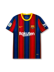 front view of Barcelona 2020-21 home shirt with blue and red vertical stripes, yellow trim, Rakuten sponsor, Barcelona crest, Nike logo, and La Liga sleeve patch