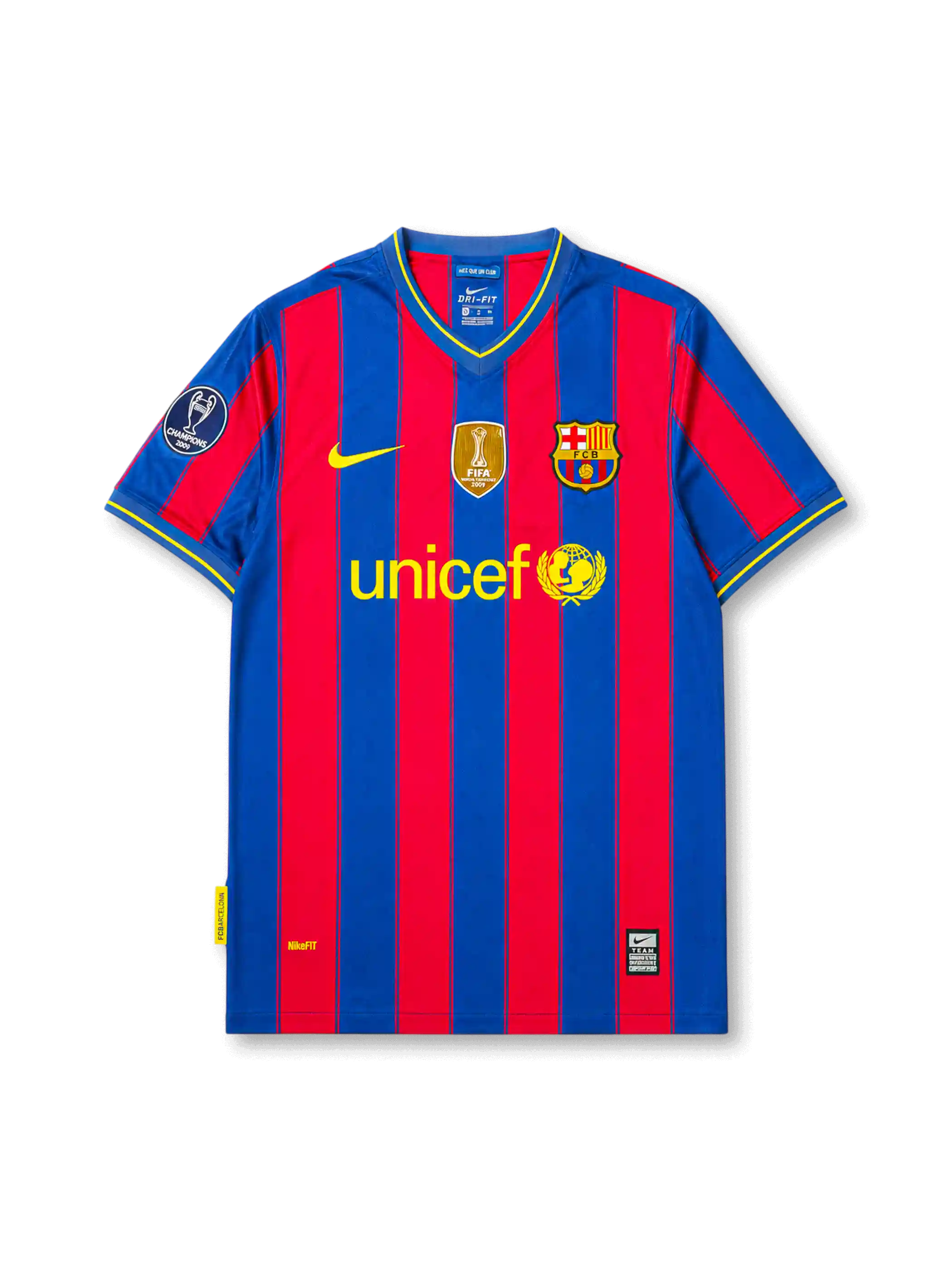 front view of Barcelona 2009-10 home shirt with blue and garnet vertical stripes, UNICEF sponsor, Barcelona crest, Nike logo, FIFA champions badge, and Champions League sleeve patch