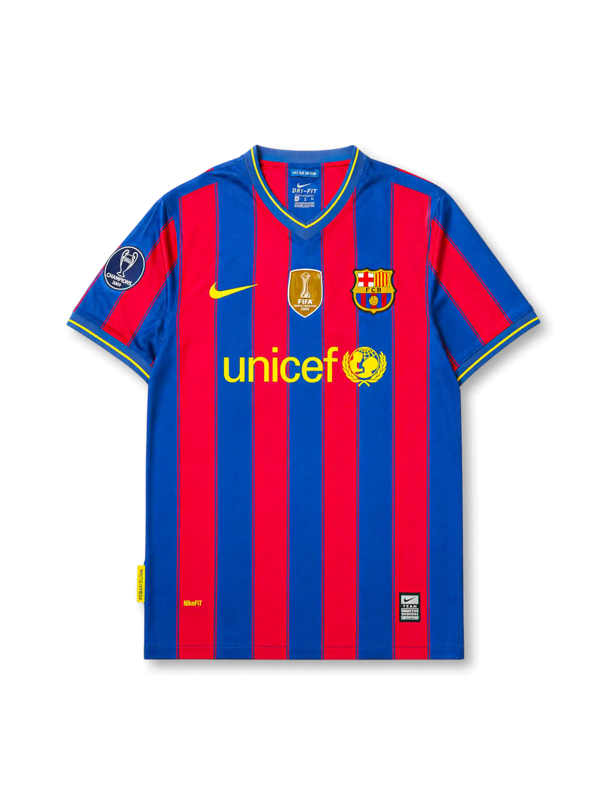 front view of Barcelona 2009-10 home shirt with blue and garnet vertical stripes, UNICEF sponsor, Barcelona crest, Nike logo, FIFA champions badge, and Champions League sleeve patch