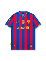 front view of Barcelona 2009-10 home shirt with blue and garnet vertical stripes, UNICEF sponsor, Barcelona crest, Nike logo, FIFA champions badge, and Champions League sleeve patch