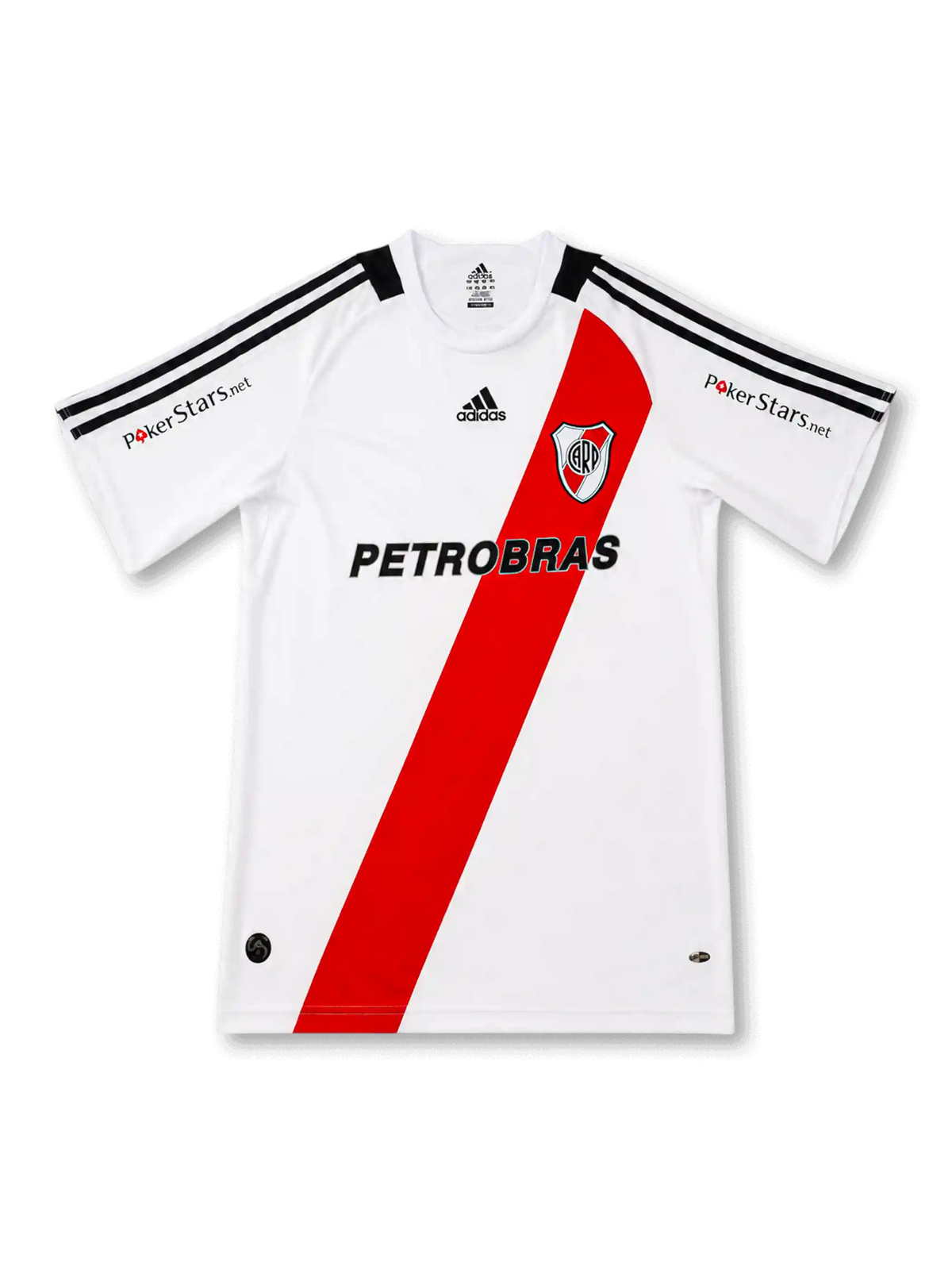 front view of River Plate 2009-10 home shirt with white base, red diagonal sash, River Plate crest, Adidas logo, Petrobras sponsor, black shoulder panels, and PokerStars sleeve marks