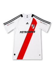 front view of River Plate 2009-10 home shirt with white base, red diagonal sash, River Plate crest, Adidas logo, Petrobras sponsor, black shoulder panels, and PokerStars sleeve marks