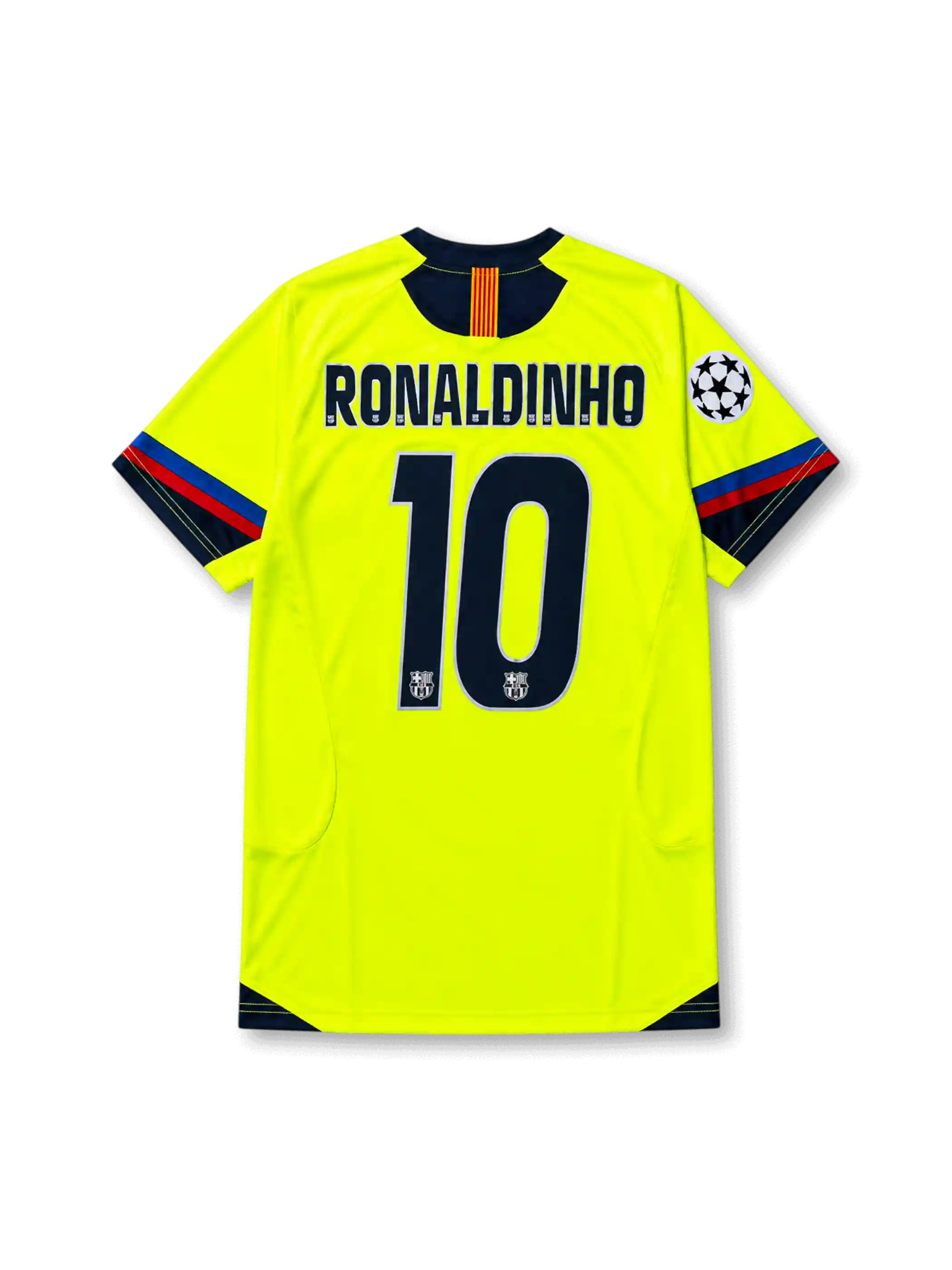 back view of Barcelona 2005-06 away shirt with fluorescent yellow body, navy trim, Champions League sleeve patch, and #10 Ronaldinho name and number print