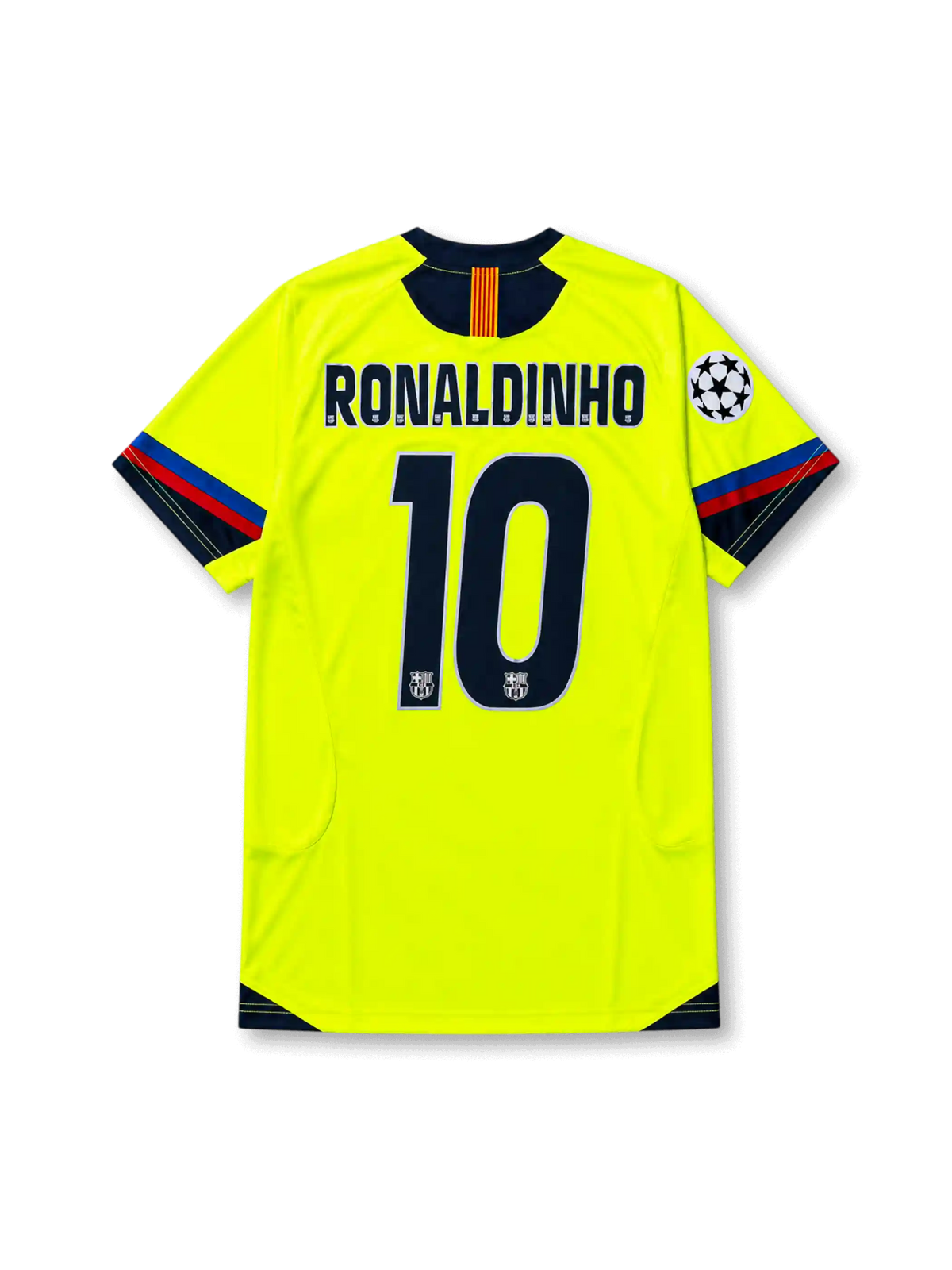 back view of Barcelona 2005-06 away shirt with fluorescent yellow body, navy trim, Champions League sleeve patch, and #10 Ronaldinho name and number print