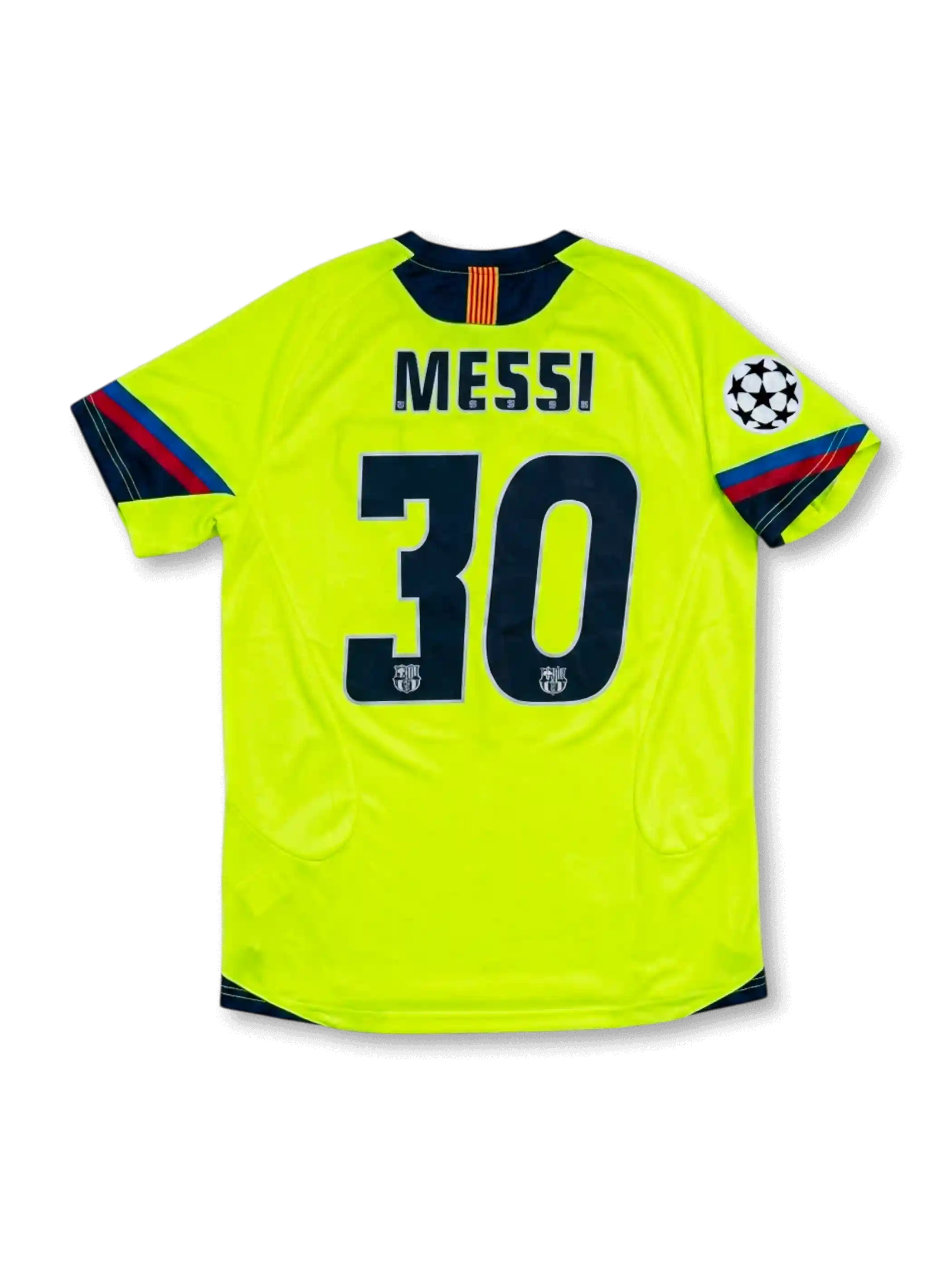 back view of Barcelona 2005-06 away shirt with fluorescent yellow body, navy trim, Champions League sleeve patch, and #30 Messi name and number print