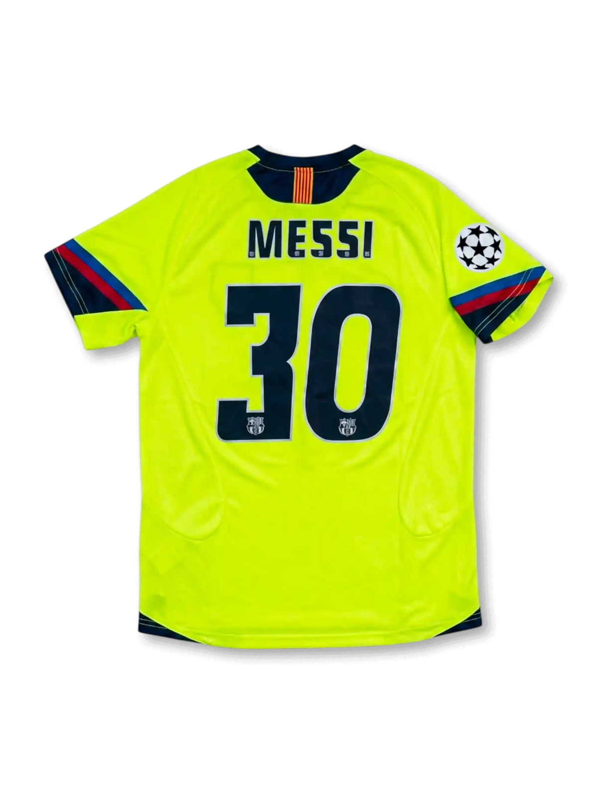back view of Barcelona 2005-06 away shirt with fluorescent yellow body, navy trim, Champions League sleeve patch, and #30 Messi name and number print
