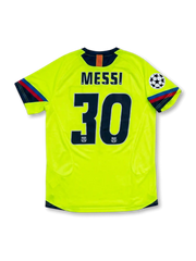 back view of Barcelona 2005-06 away shirt with fluorescent yellow body, navy trim, Champions League sleeve patch, and #30 Messi name and number print