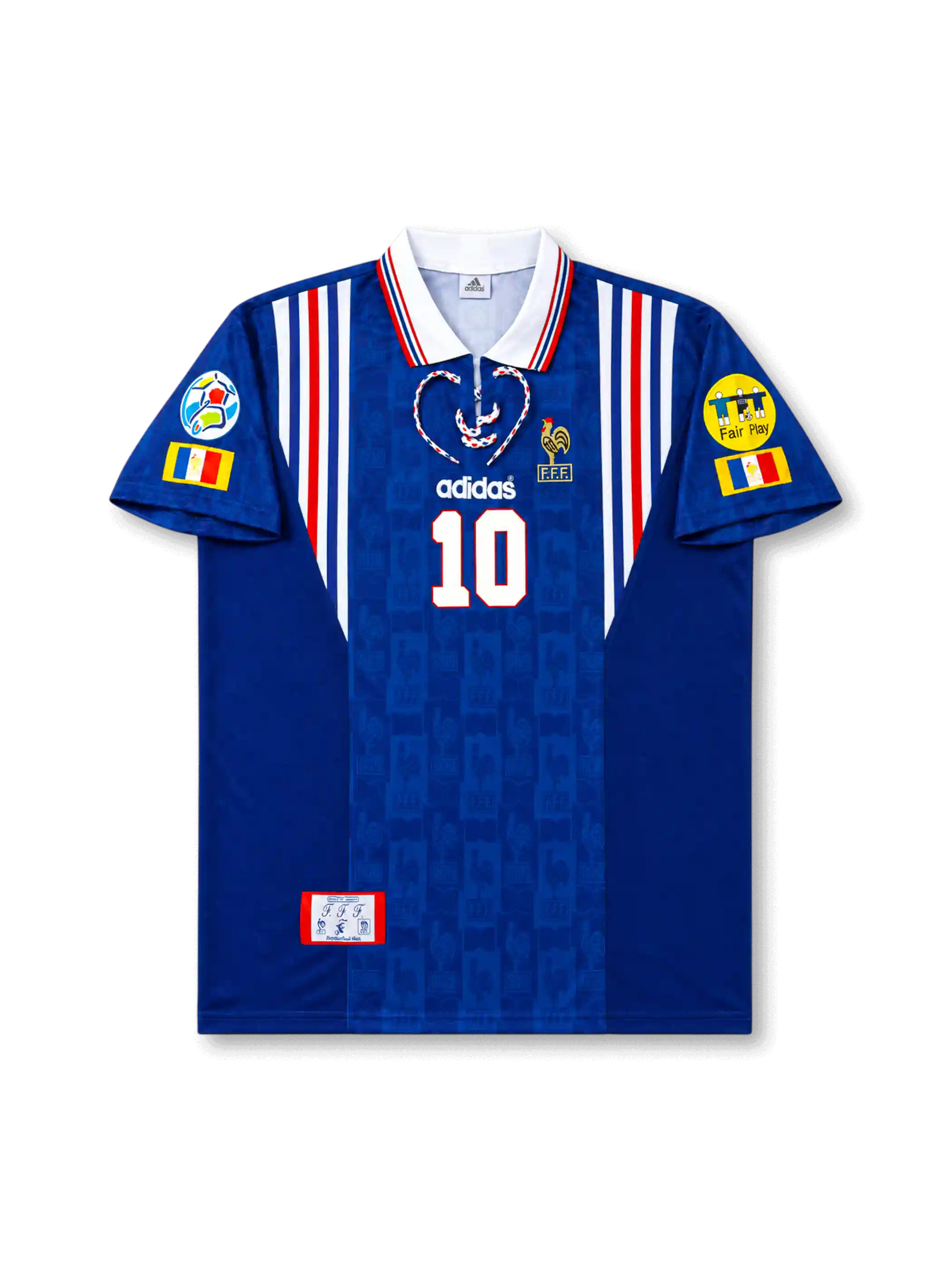 front view of France 2000 home shirt with royal blue body, white collar with red white blue trim, lace-up neckline, Adidas logo, F.F.F. crest, central number 10, UEFA Euro 2000 sleeve patch, and Fair Play patch