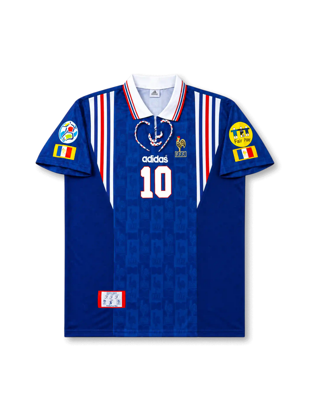 front view of France 2000 home shirt with royal blue body, white collar with red white blue trim, lace-up neckline, Adidas logo, F.F.F. crest, central number 10, UEFA Euro 2000 sleeve patch, and Fair Play patch
