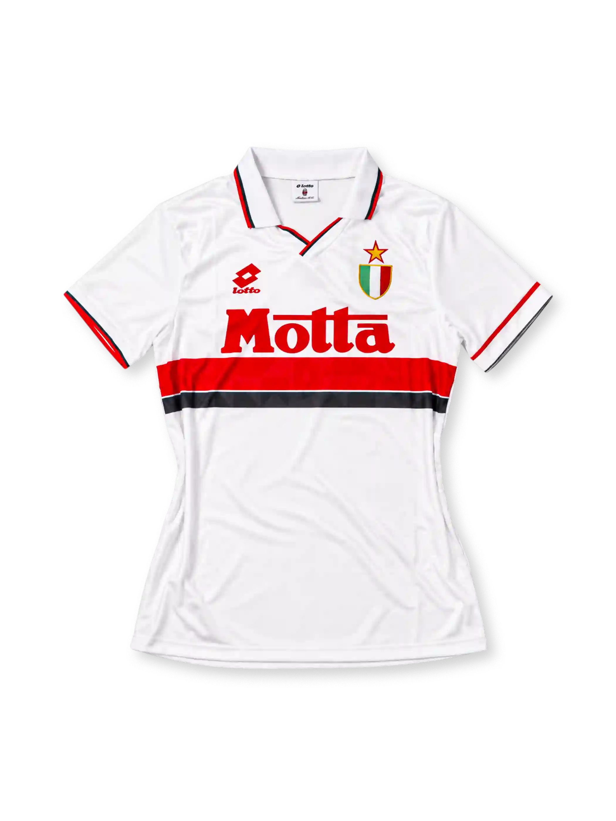 AC Milan 1993-94 away jersey, front view, white with red and black chest bands, polo collar with red and black trim, red Lotto logo, gold star and Scudetto shield, red Motta sponsor
