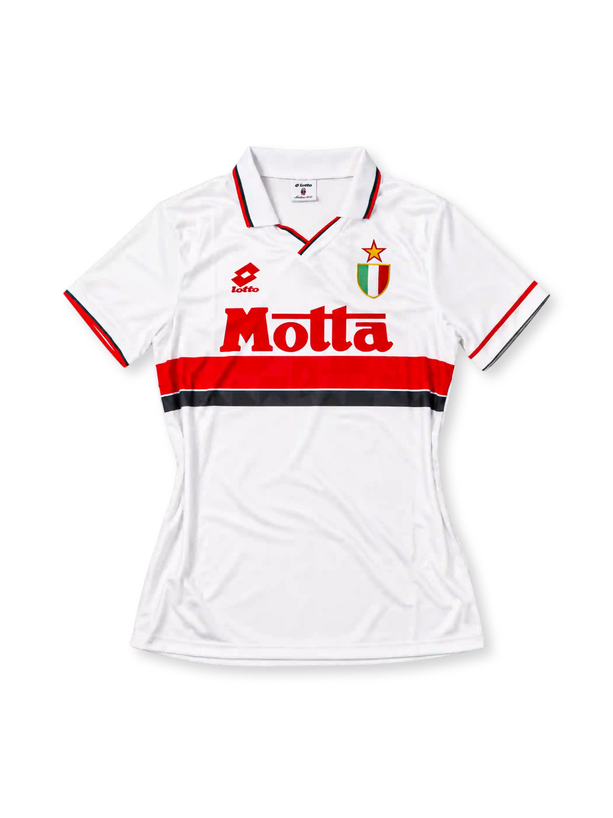 AC Milan 1993-94 away jersey, front view, white with red and black chest bands, polo collar with red and black trim, red Lotto logo, gold star and Scudetto shield, red Motta sponsor