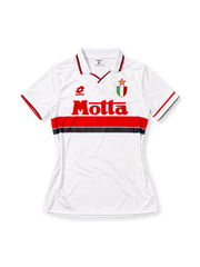 AC Milan 1993-94 away jersey, front view, white with red and black chest bands, polo collar with red and black trim, red Lotto logo, gold star and Scudetto shield, red Motta sponsor
