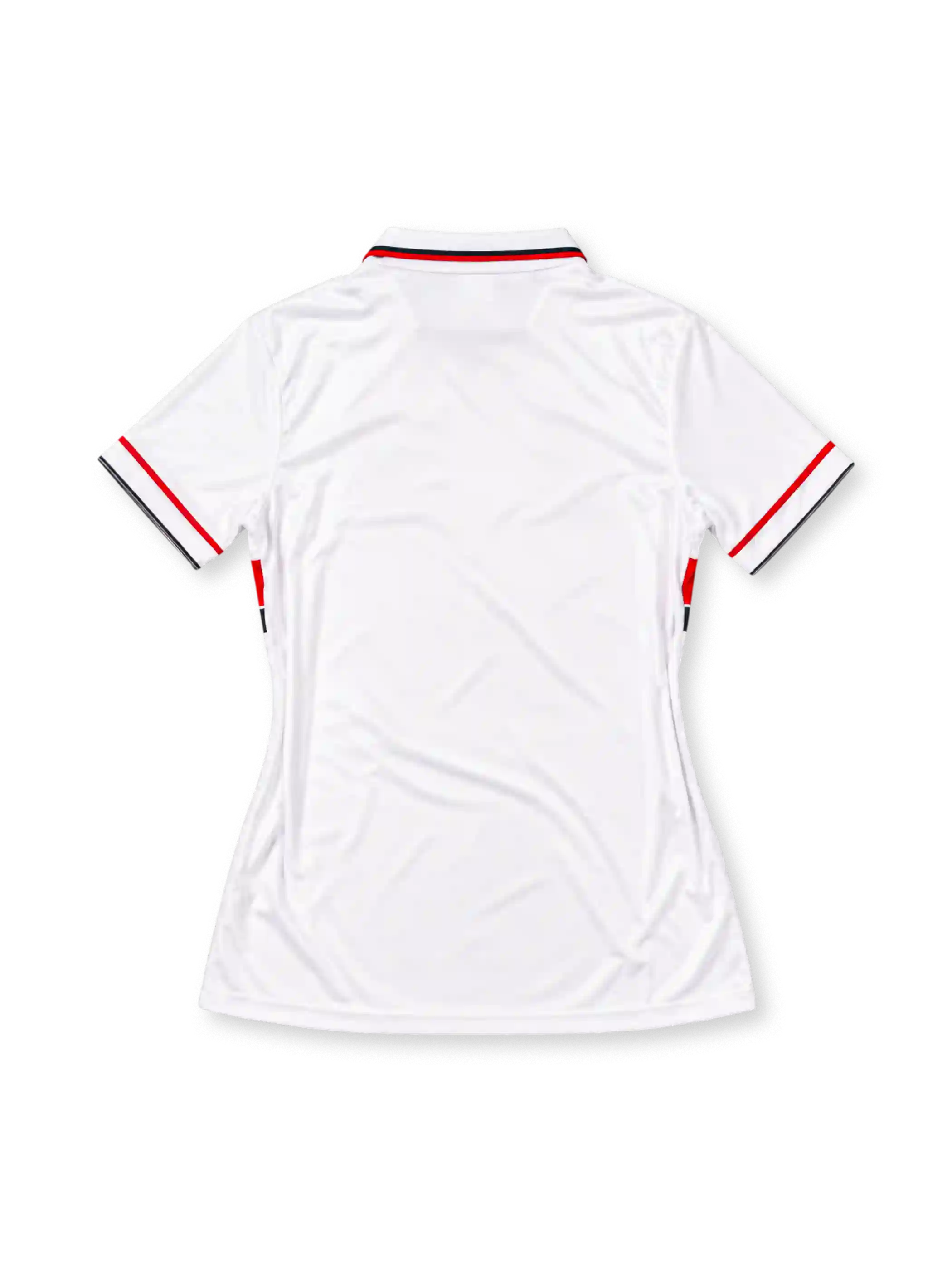 AC Milan 1993-94 away jersey, front view, white with red and black chest bands, polo collar with red and black trim, red Lotto logo, gold star and Scudetto shield, red Motta sponsor
