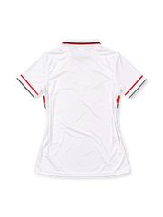 AC Milan 1993-94 away jersey, front view, white with red and black chest bands, polo collar with red and black trim, red Lotto logo, gold star and Scudetto shield, red Motta sponsor