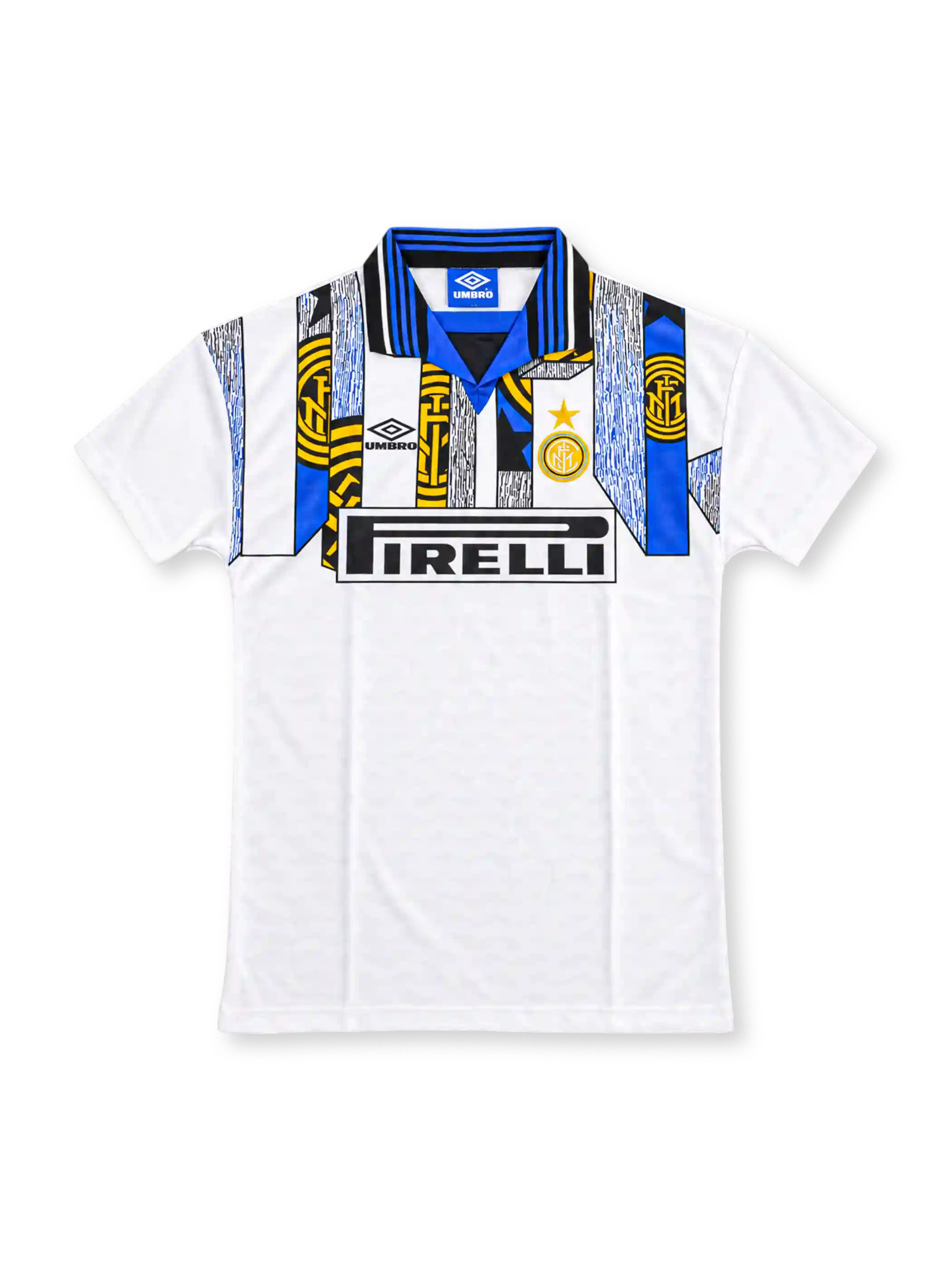 Inter Milan 1995-96 away jersey, front view, white with blue, black and gold monogram collage on shoulders, striped polo collar, black Umbro logo, round club crest with star, black Pirelli sponsor