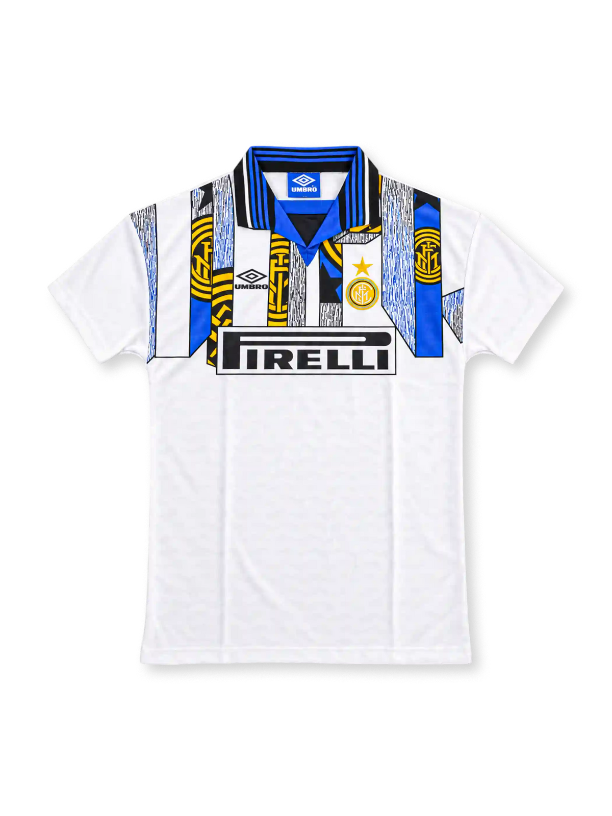 Inter Milan 1995-96 away jersey, front view, white with blue, black and gold monogram collage on shoulders, striped polo collar, black Umbro logo, round club crest with star, black Pirelli sponsor