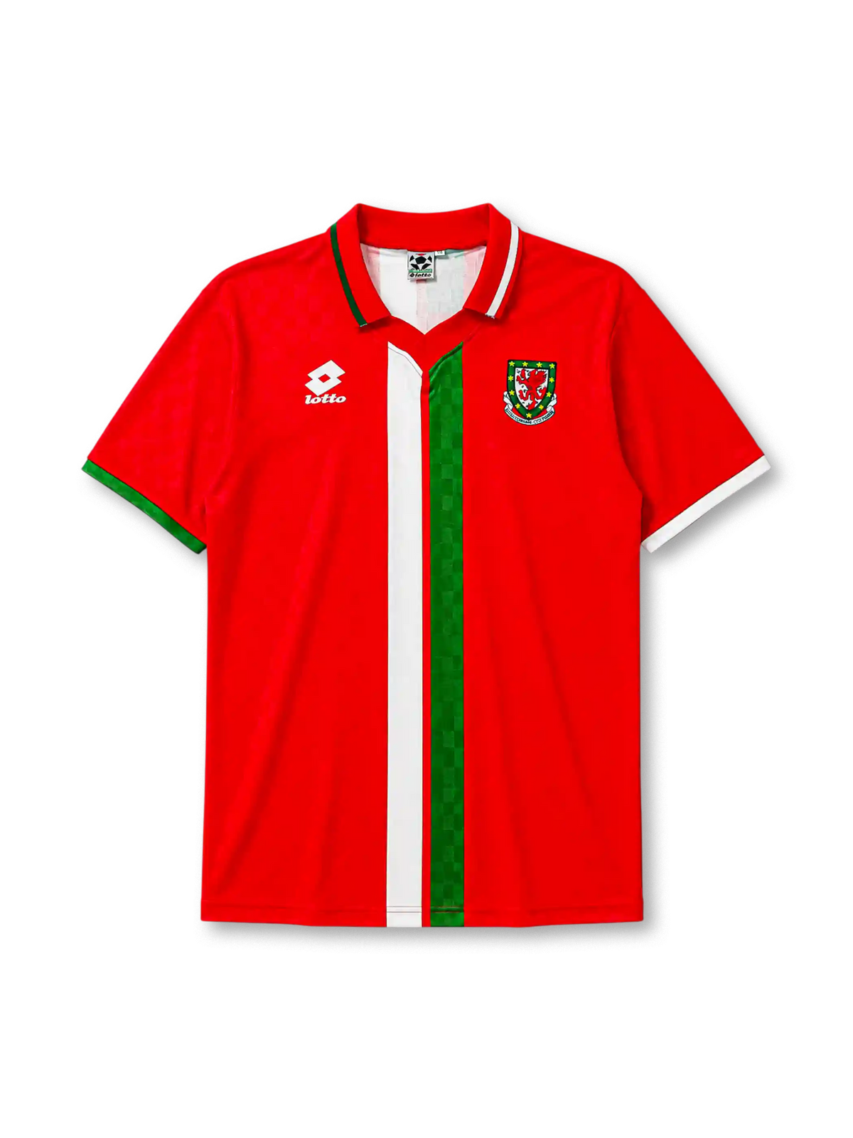 Wales 1996-98 home jersey in red with central white and green stripe