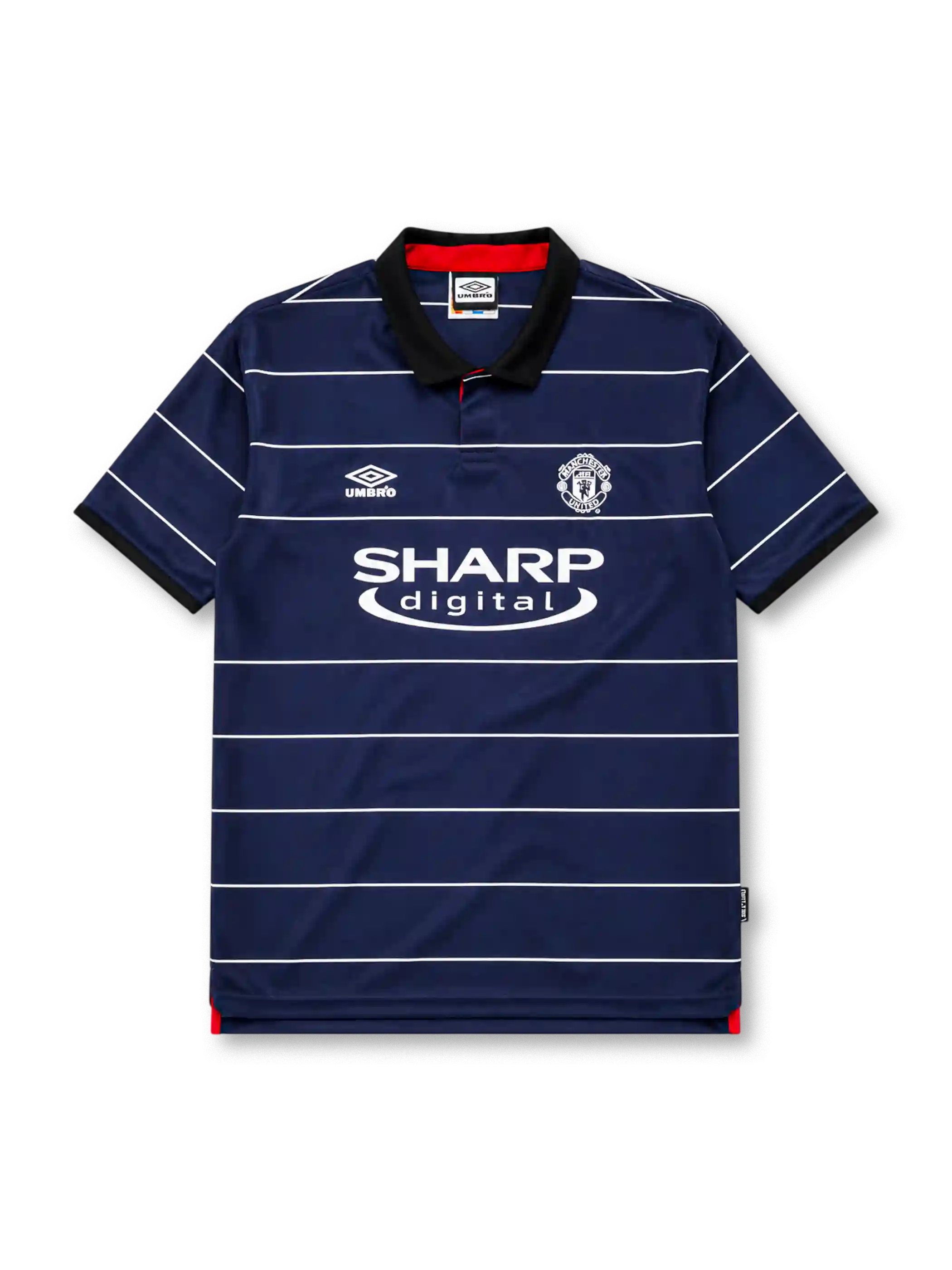Manchester United 1999-00 away jersey in navy with white pinstripes