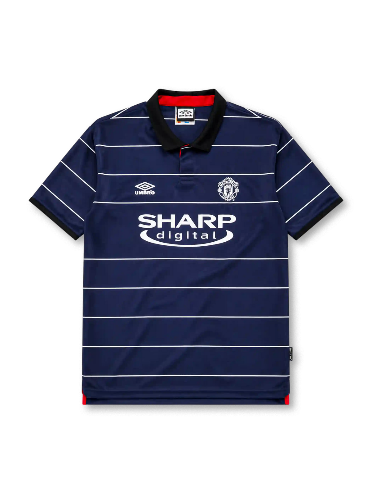 Manchester United 1999-00 away jersey in navy with white pinstripes