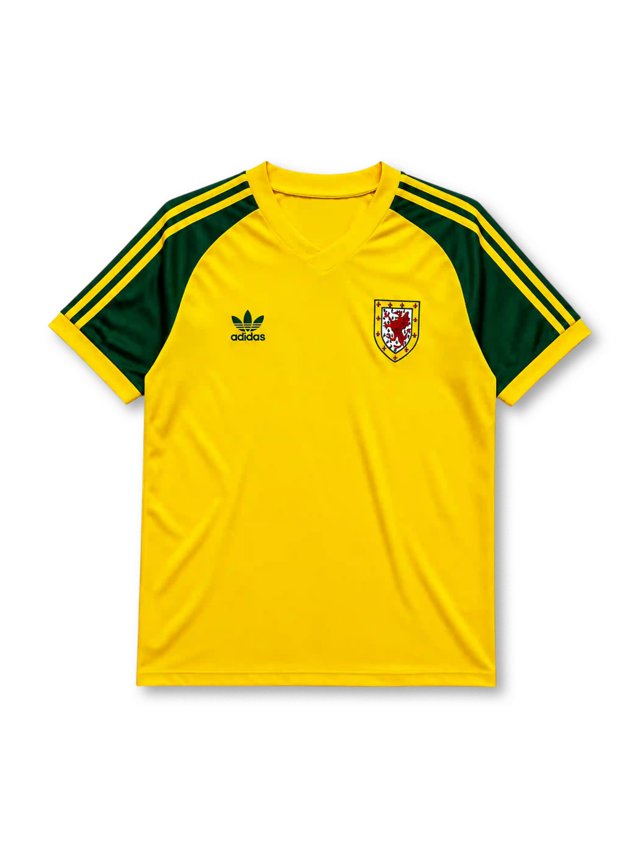 Wales 1982 away football shirt by Adidas in yellow with green three-stripe sleeves and FAW crest