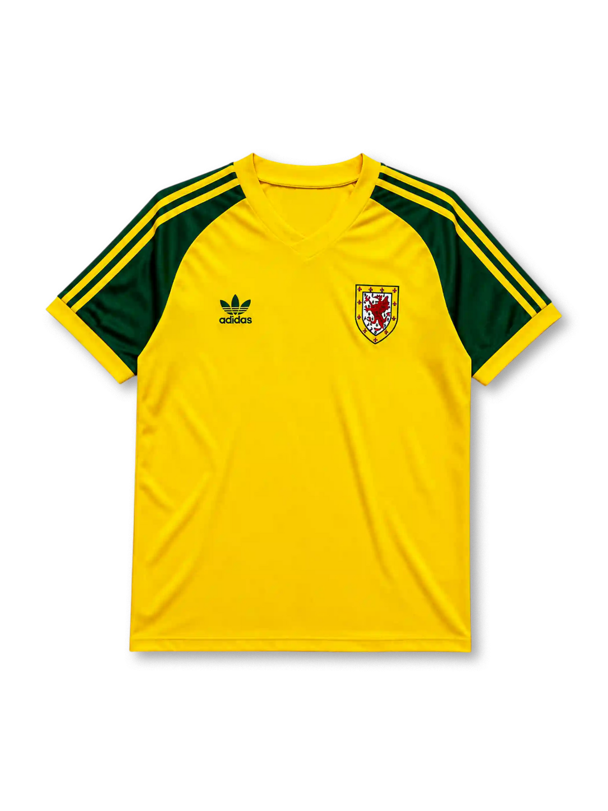 Wales 1982 away football shirt by Adidas in yellow with green three-stripe sleeves and FAW crest