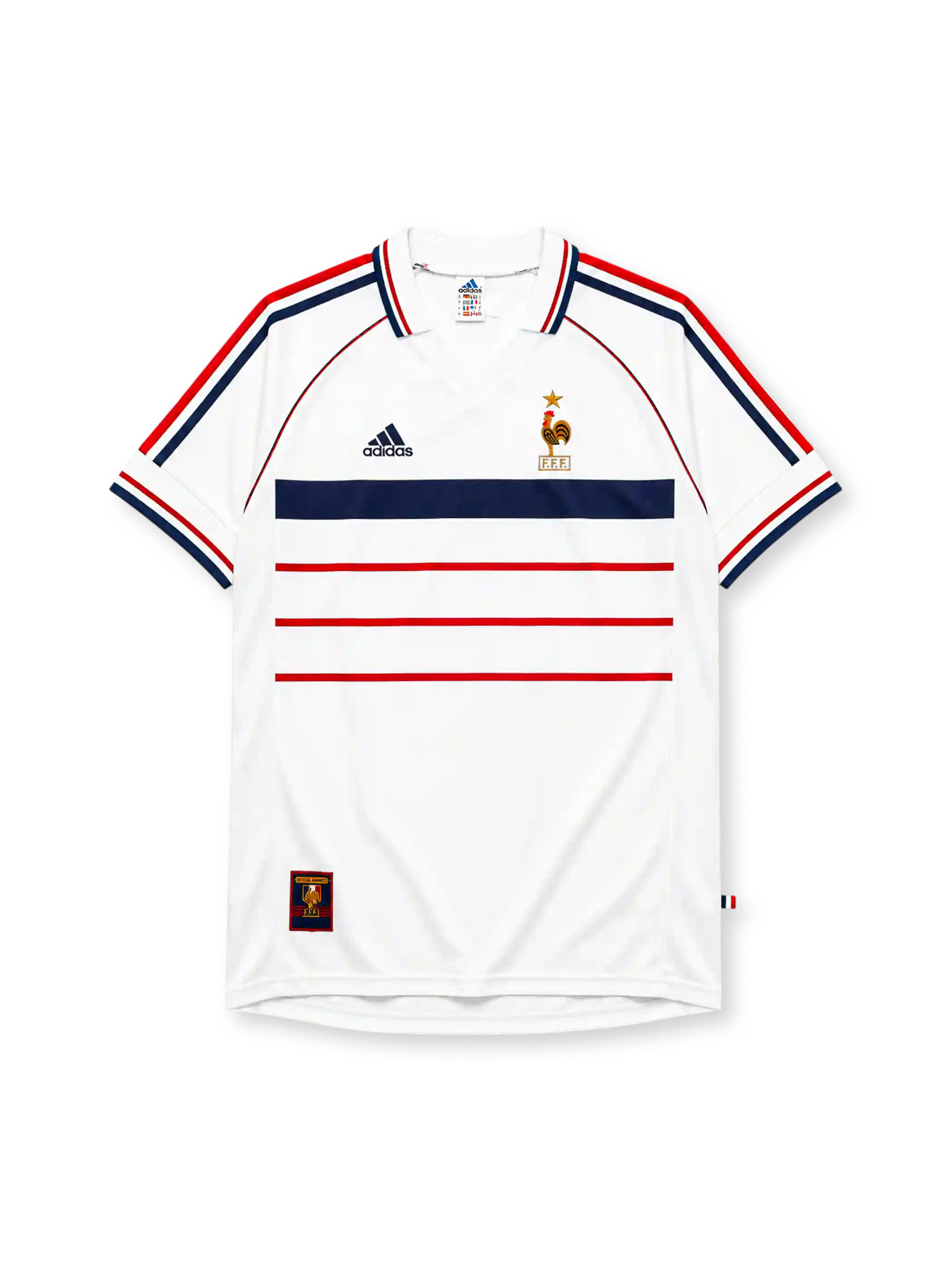 France 1998 away retro football shirt by Adidas with FFF rooster crest and gold star