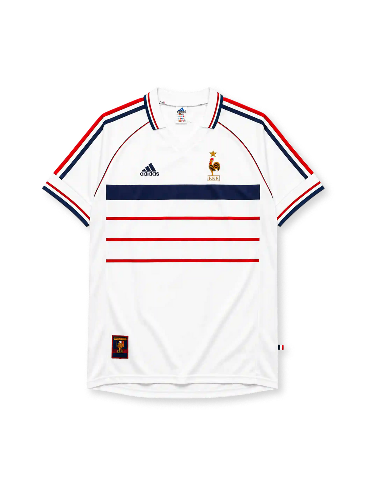 France 1998 away retro football shirt by Adidas with FFF rooster crest and gold star