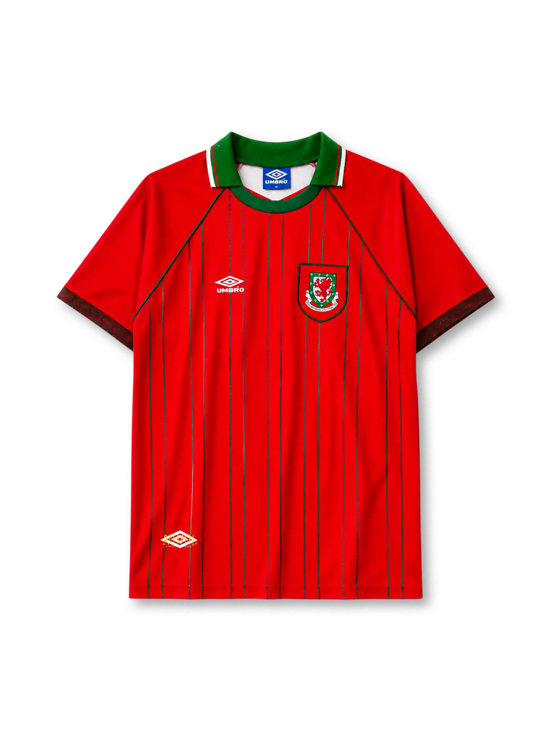 Wales 1994/96 home football shirt by Umbro with green pinstripes and FAW dragon crest