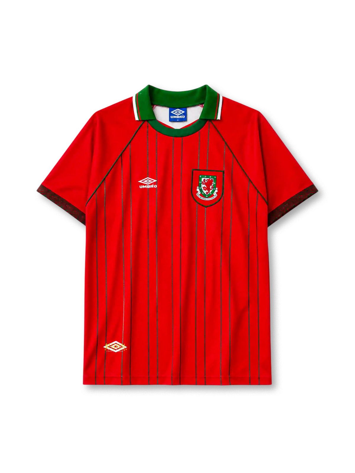 Wales 1994/96 home football shirt by Umbro with green pinstripes and FAW dragon crest