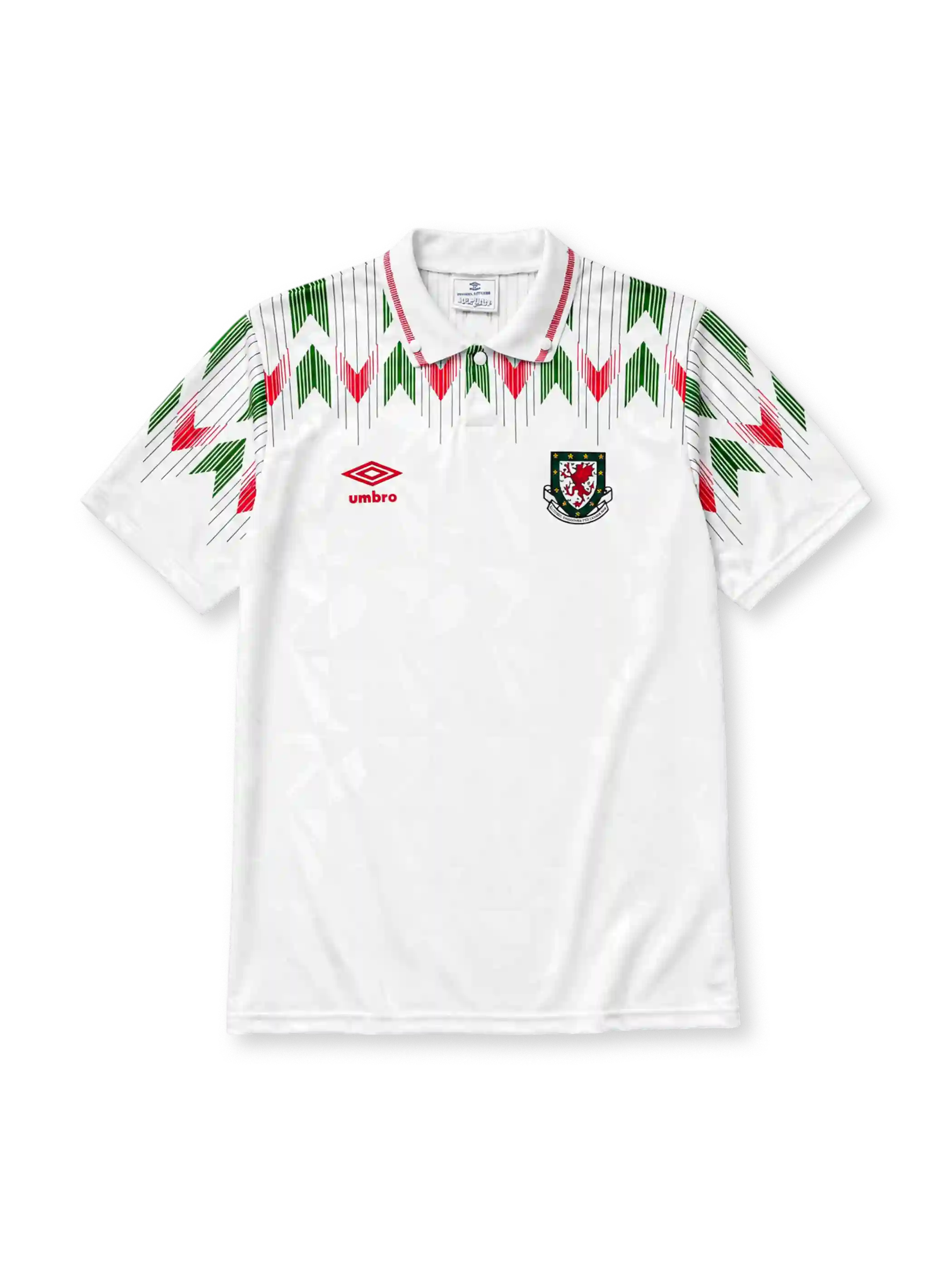 Wales 1990/92 away football shirt by Umbro with red and green chevron print and FAW crest