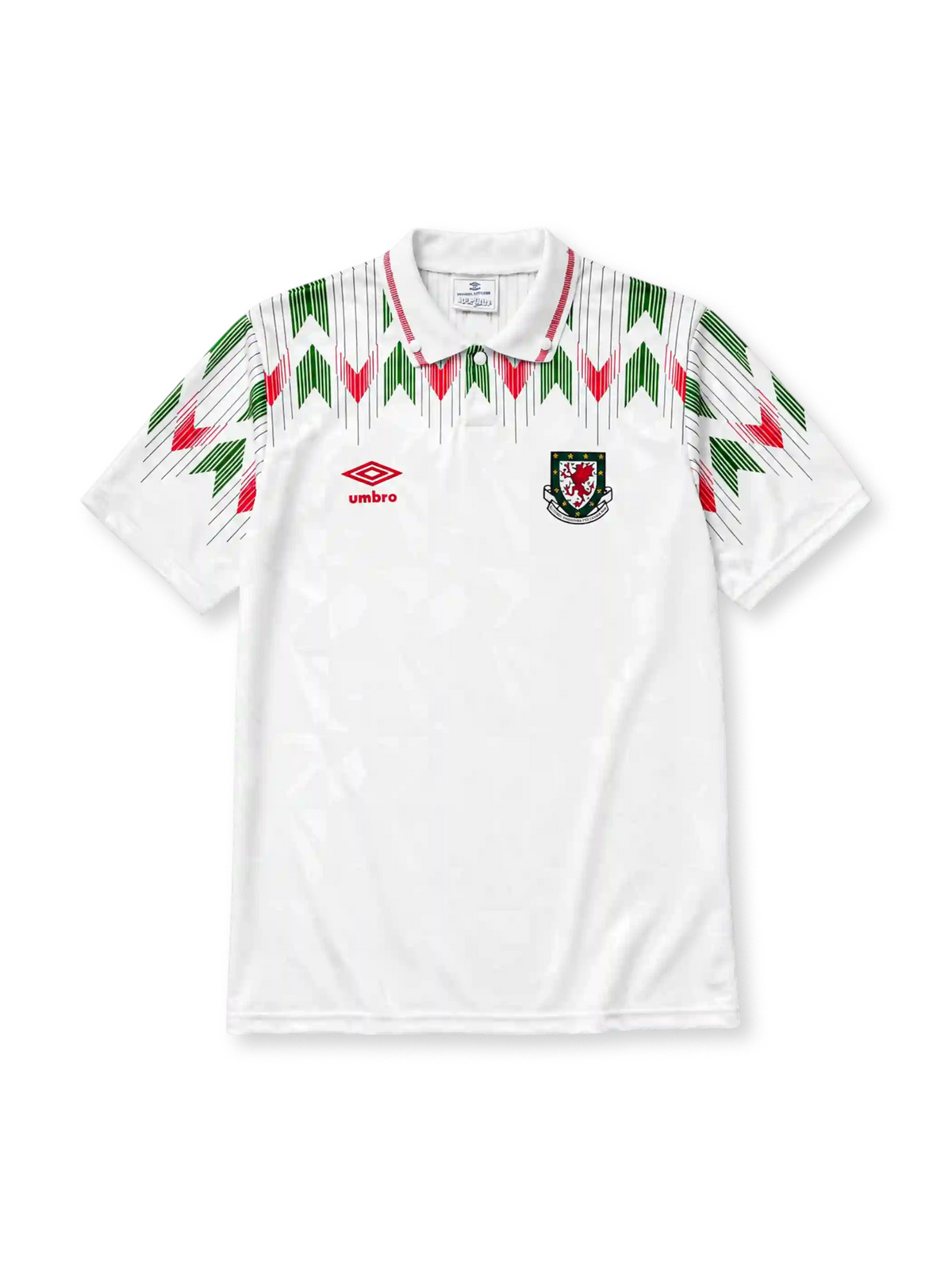 Wales 1990/92 away football shirt by Umbro with red and green chevron print and FAW crest