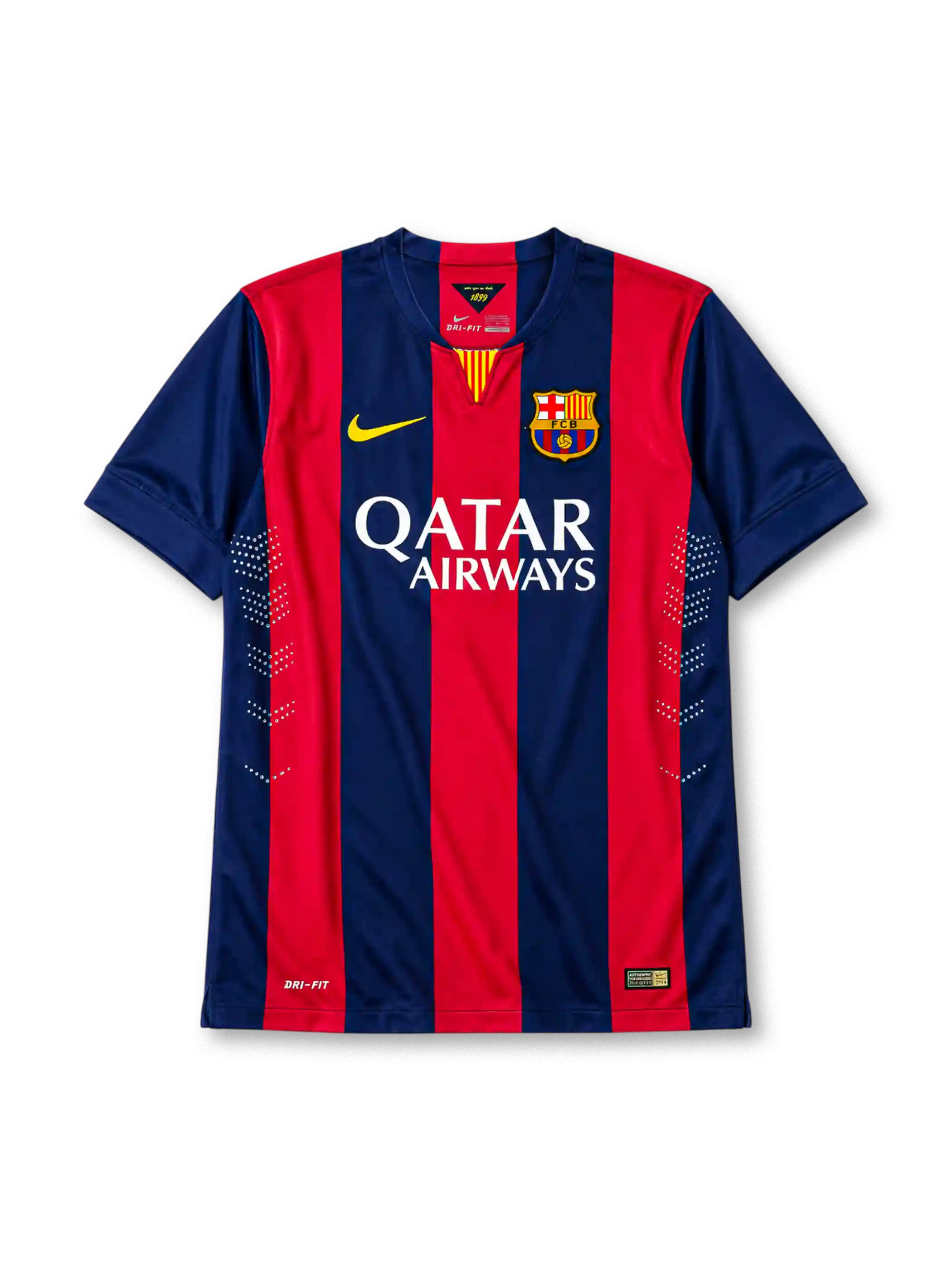 Barcelona 2014/15 home football shirt by Nike with Qatar Airways sponsor logo and FCB crest